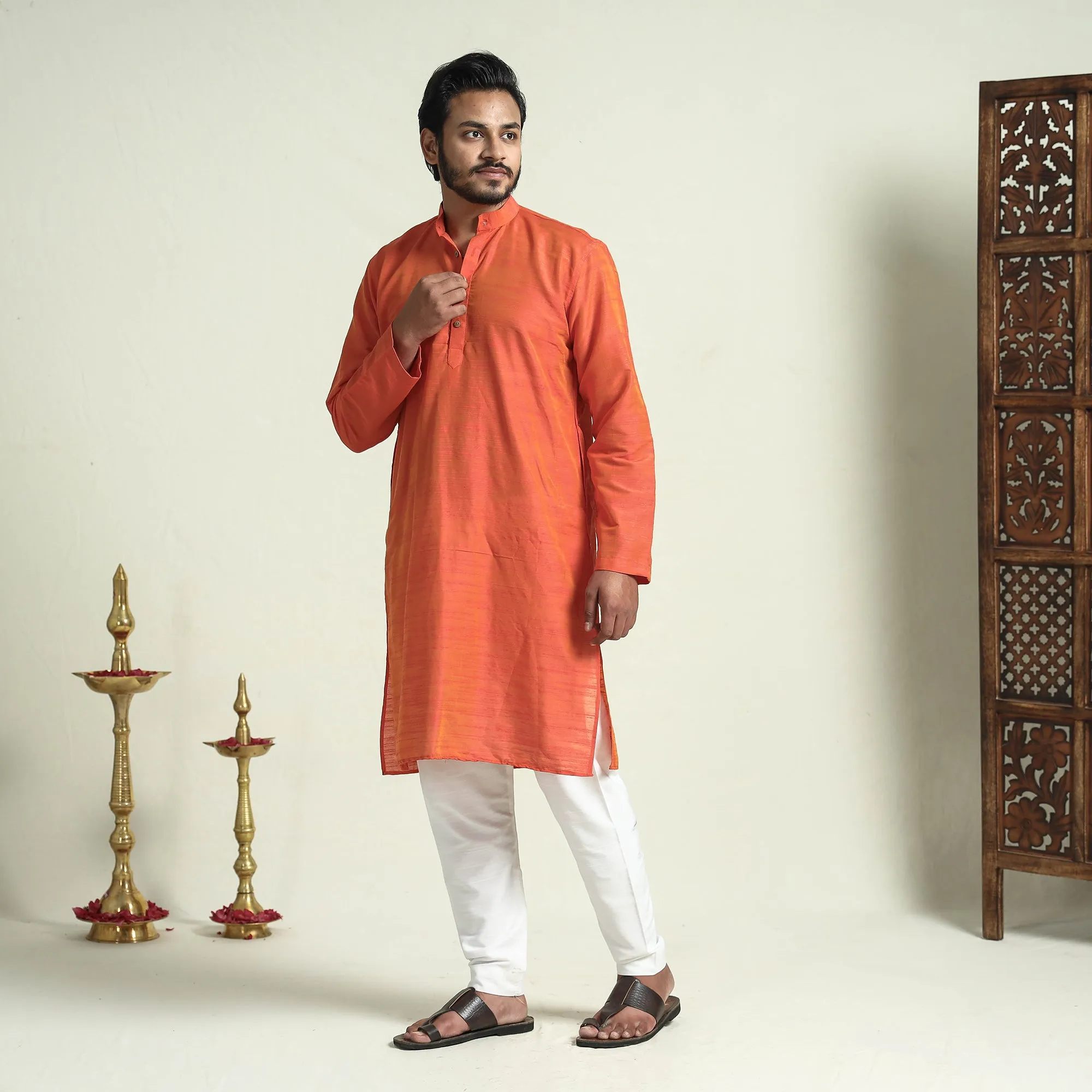 Orange - Plain Dyed Slub Silk Men Long Kurta sold by Itokri product image thumbnail 2