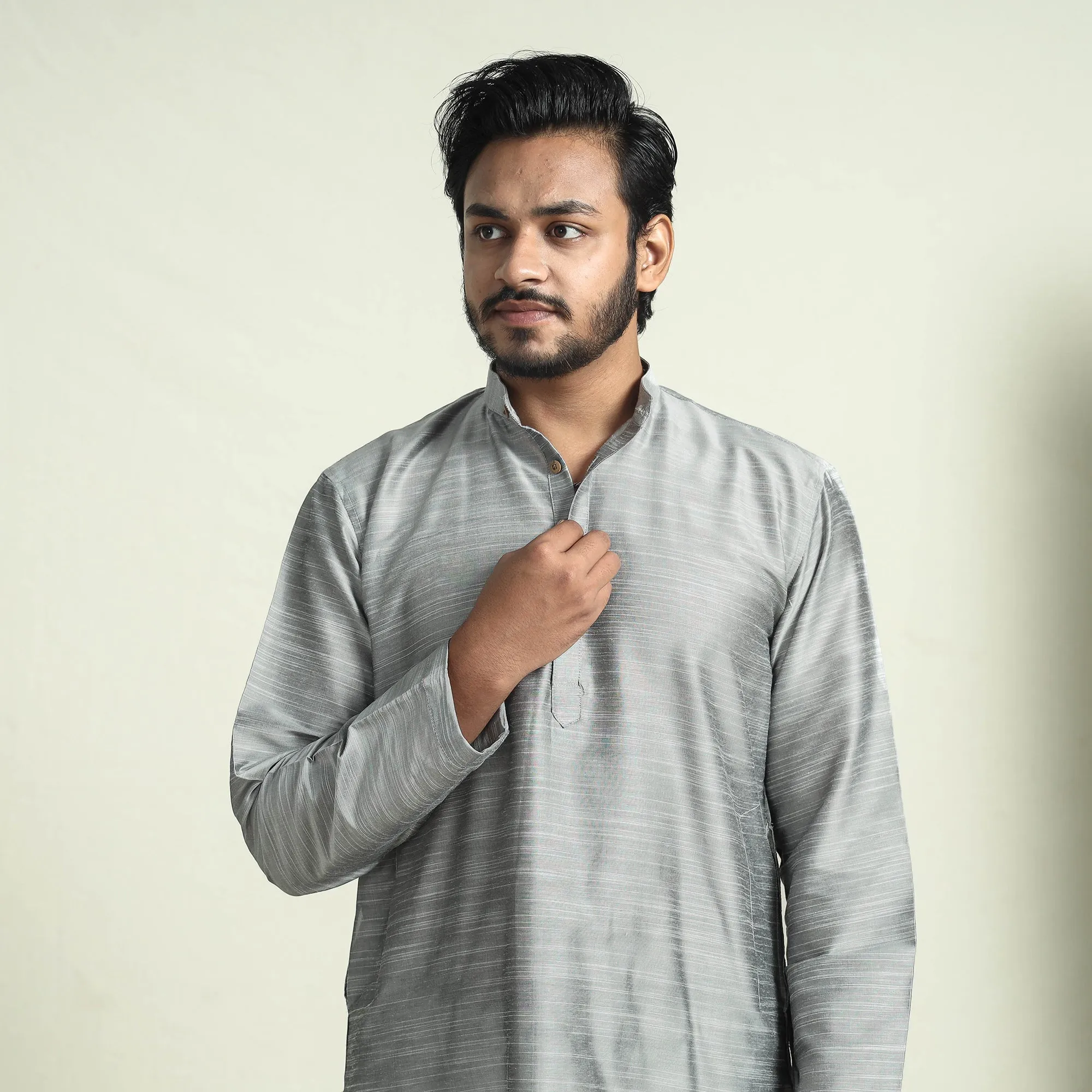 Grey - Plain Dyed Slub Silk Men Long Kurta sold by Itokri product image thumbnail 3