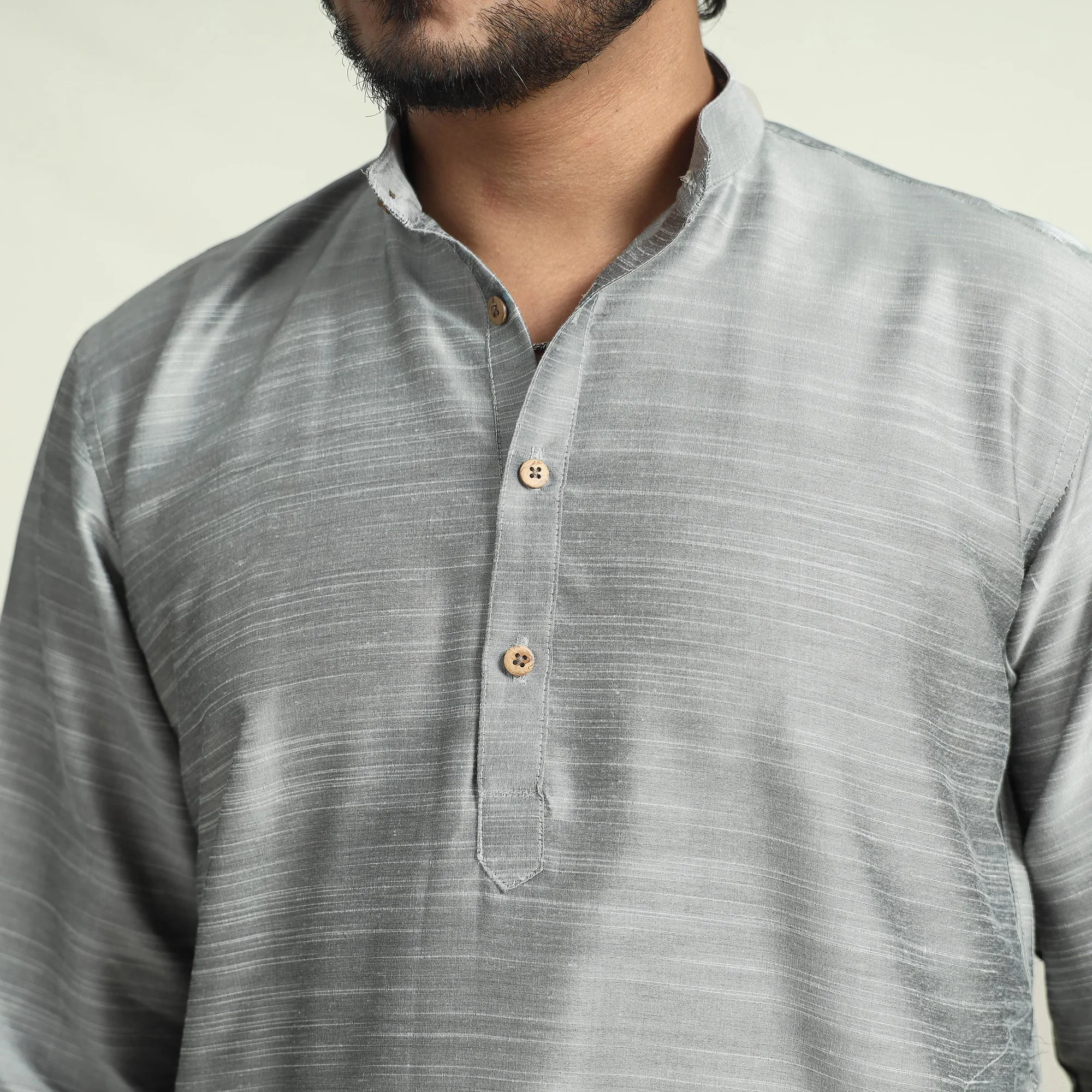Grey - Plain Dyed Slub Silk Men Long Kurta sold by Itokri product image thumbnail 5