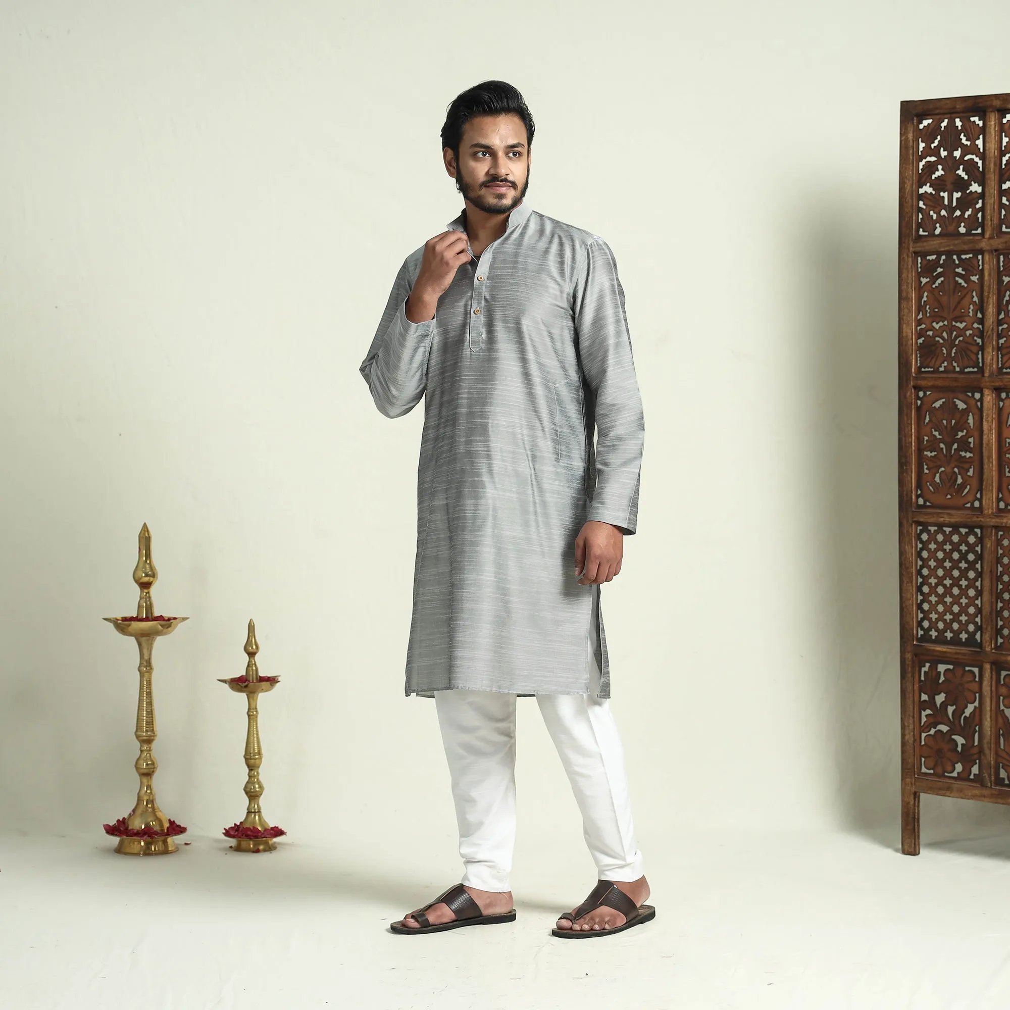 Grey - Plain Dyed Slub Silk Men Long Kurta sold by Itokri product image thumbnail 2