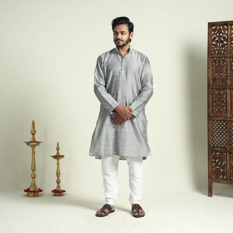 Grey - Plain Dyed Slub Silk Men Long Kurta sold by Itokri