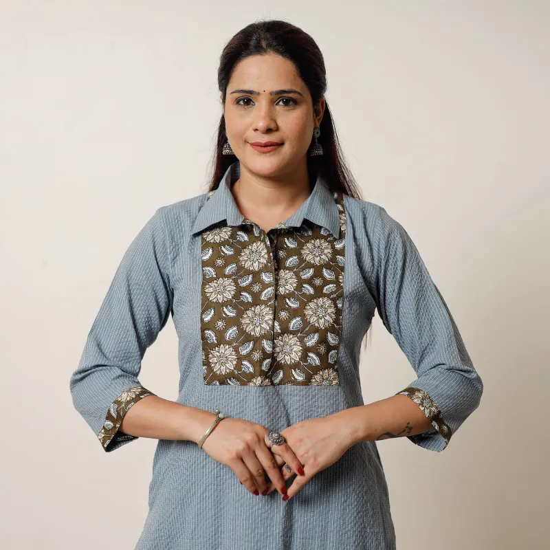 Grey - Running Stitch Cotton Straight Kurta with Sanganeri Patchwork 03 sold by Itokri