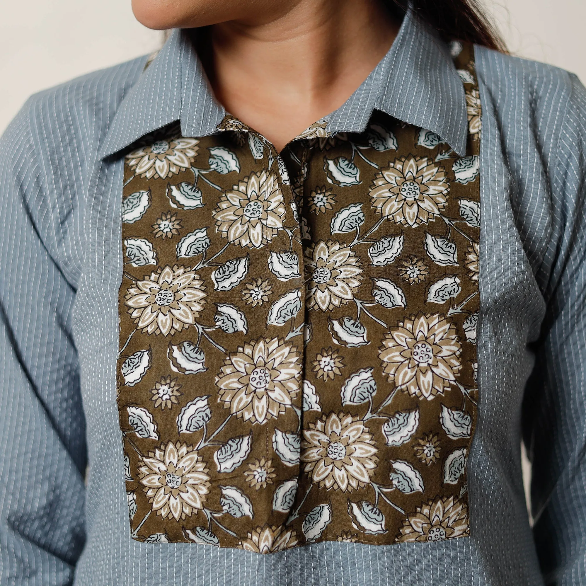 Grey - Running Stitch Cotton Straight Kurta with Sanganeri Patchwork 03 sold by Itokri product image thumbnail 5