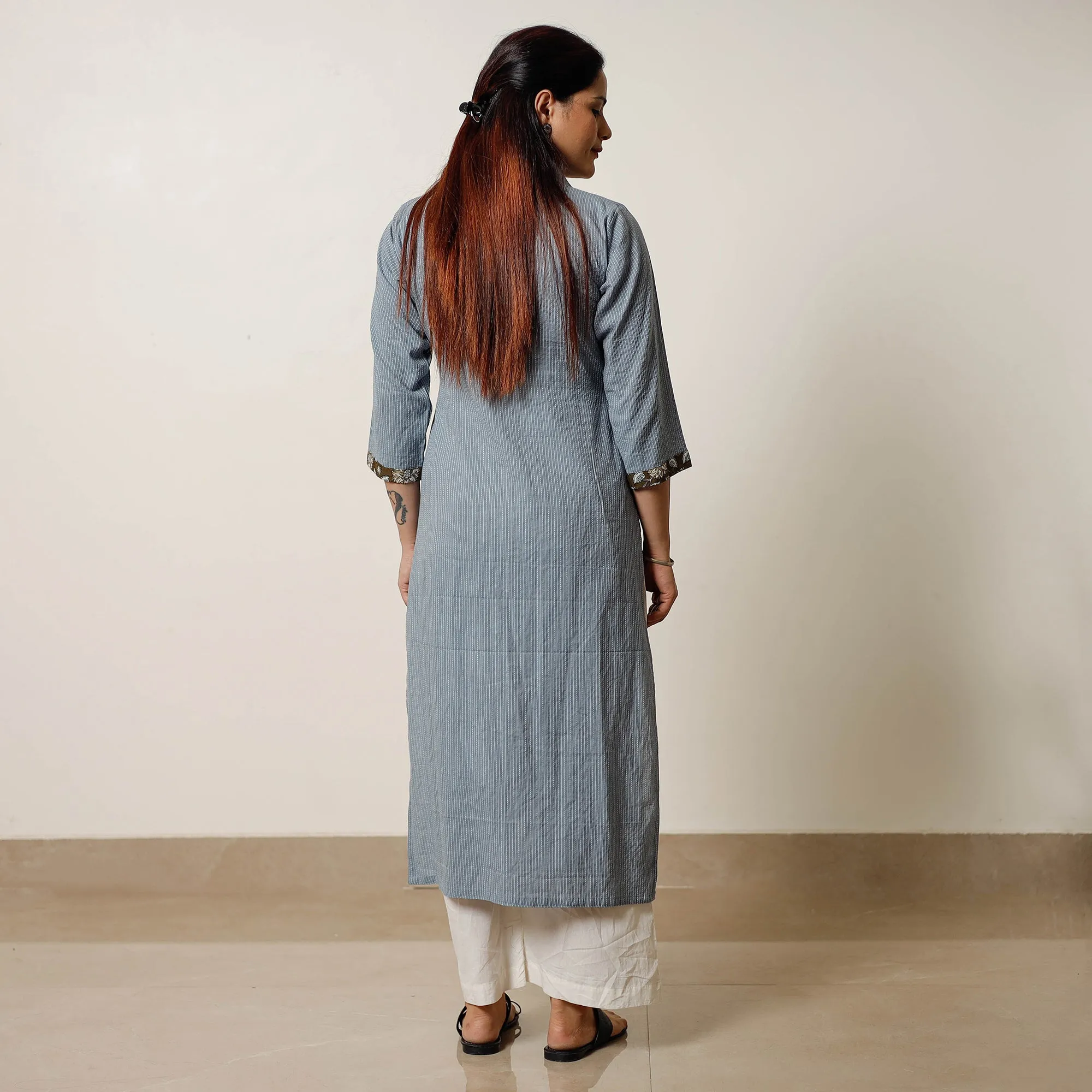 Grey - Running Stitch Cotton Straight Kurta with Sanganeri Patchwork 03 sold by Itokri product image thumbnail 4