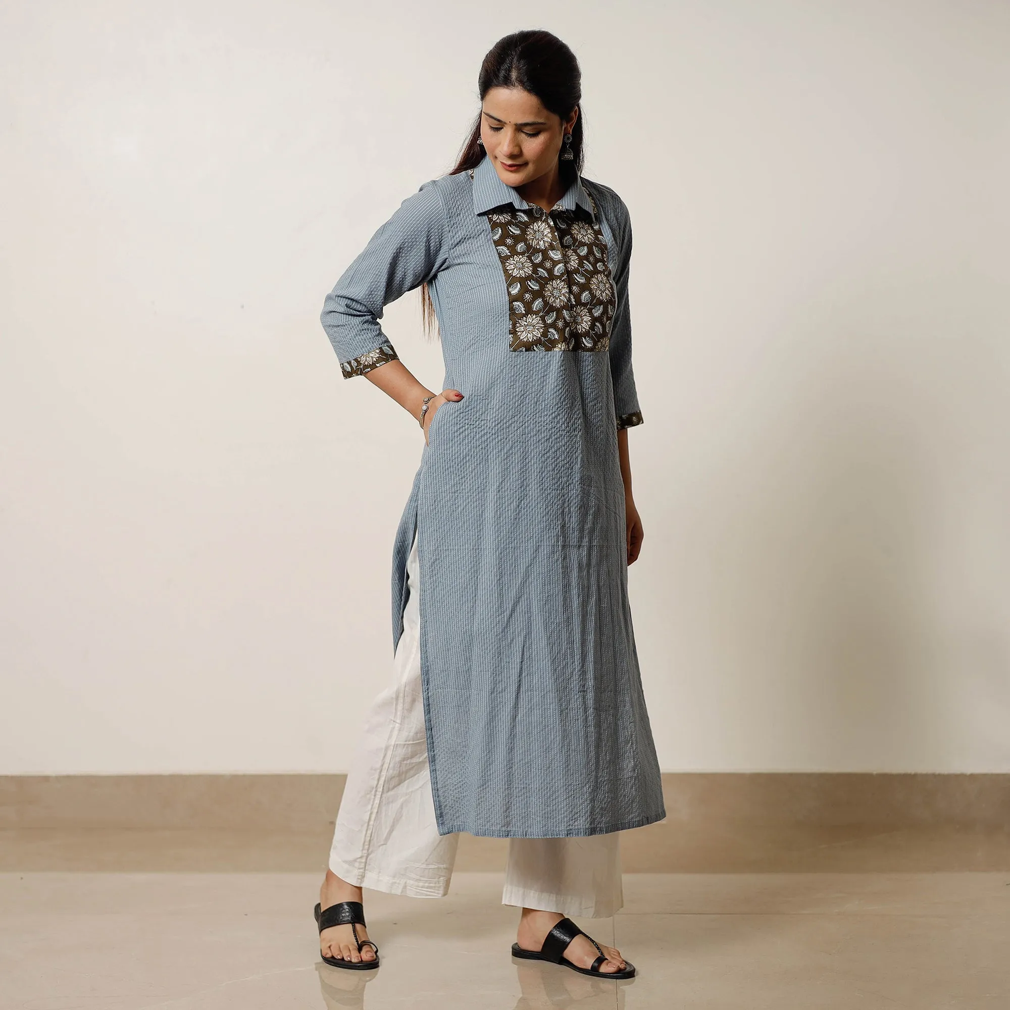 Grey - Running Stitch Cotton Straight Kurta with Sanganeri Patchwork 03 sold by Itokri product image thumbnail 3