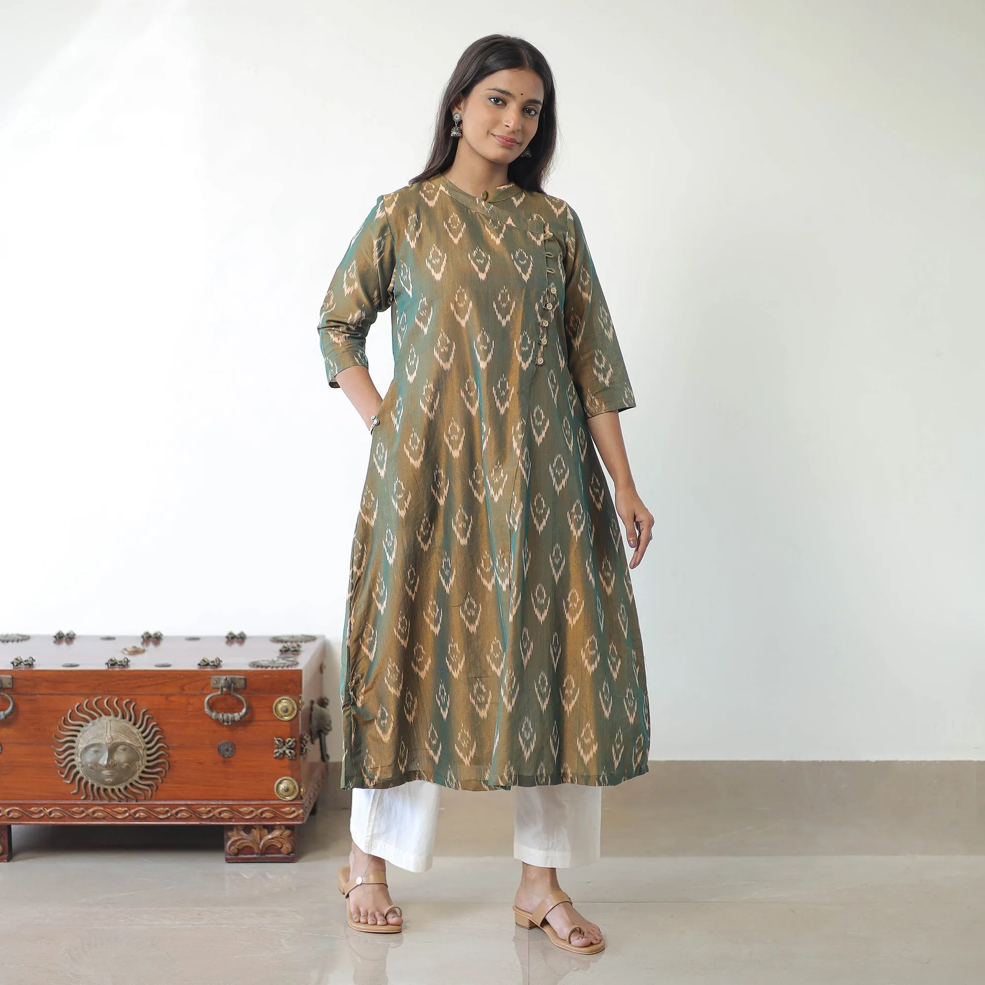 Green - Mercerised Cotton Pochampally Ikat Kurta (A-Line) 04 sold by Itokri product image thumbnail 3