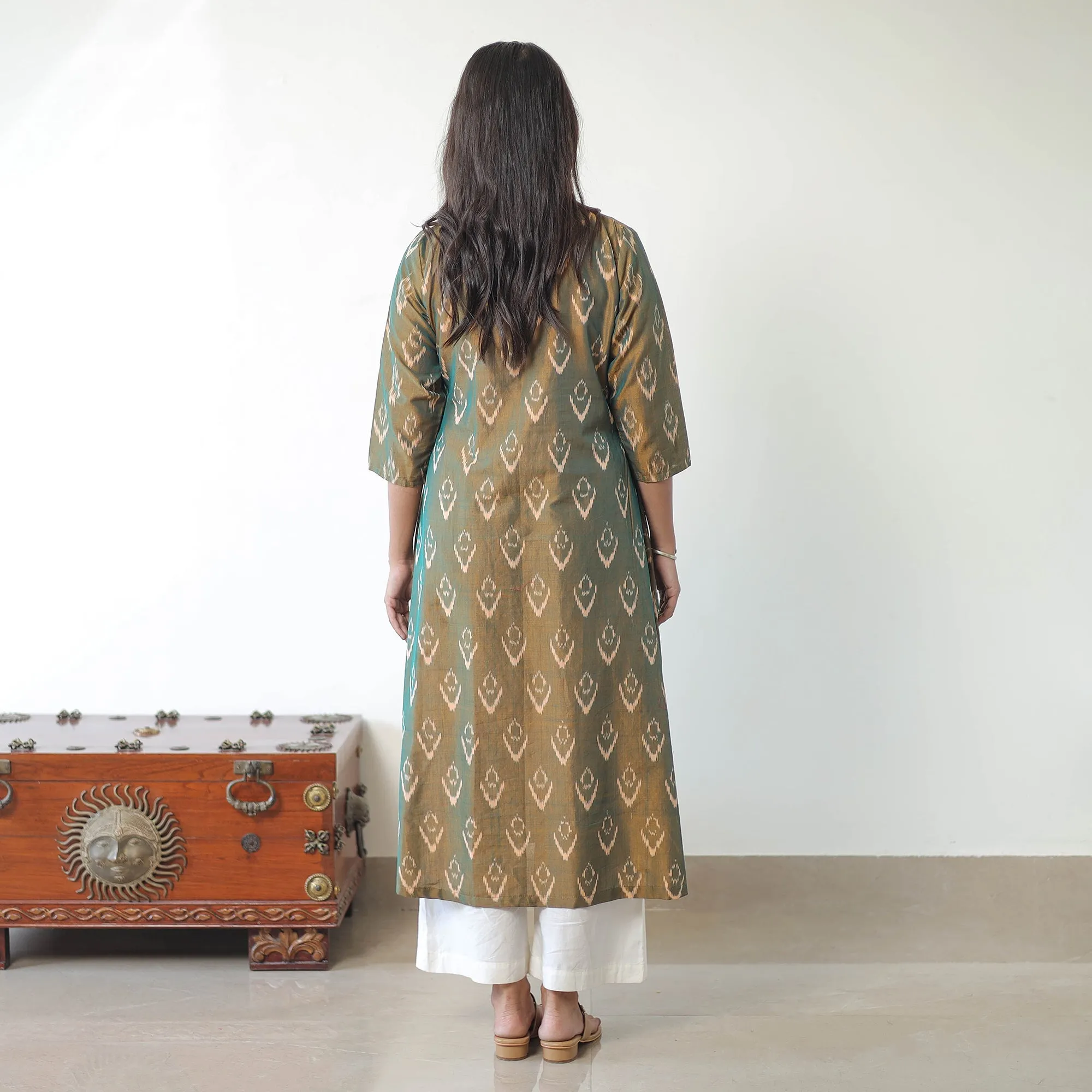Green - Mercerised Cotton Pochampally Ikat Kurta (A-Line) 04 sold by Itokri product image thumbnail 4