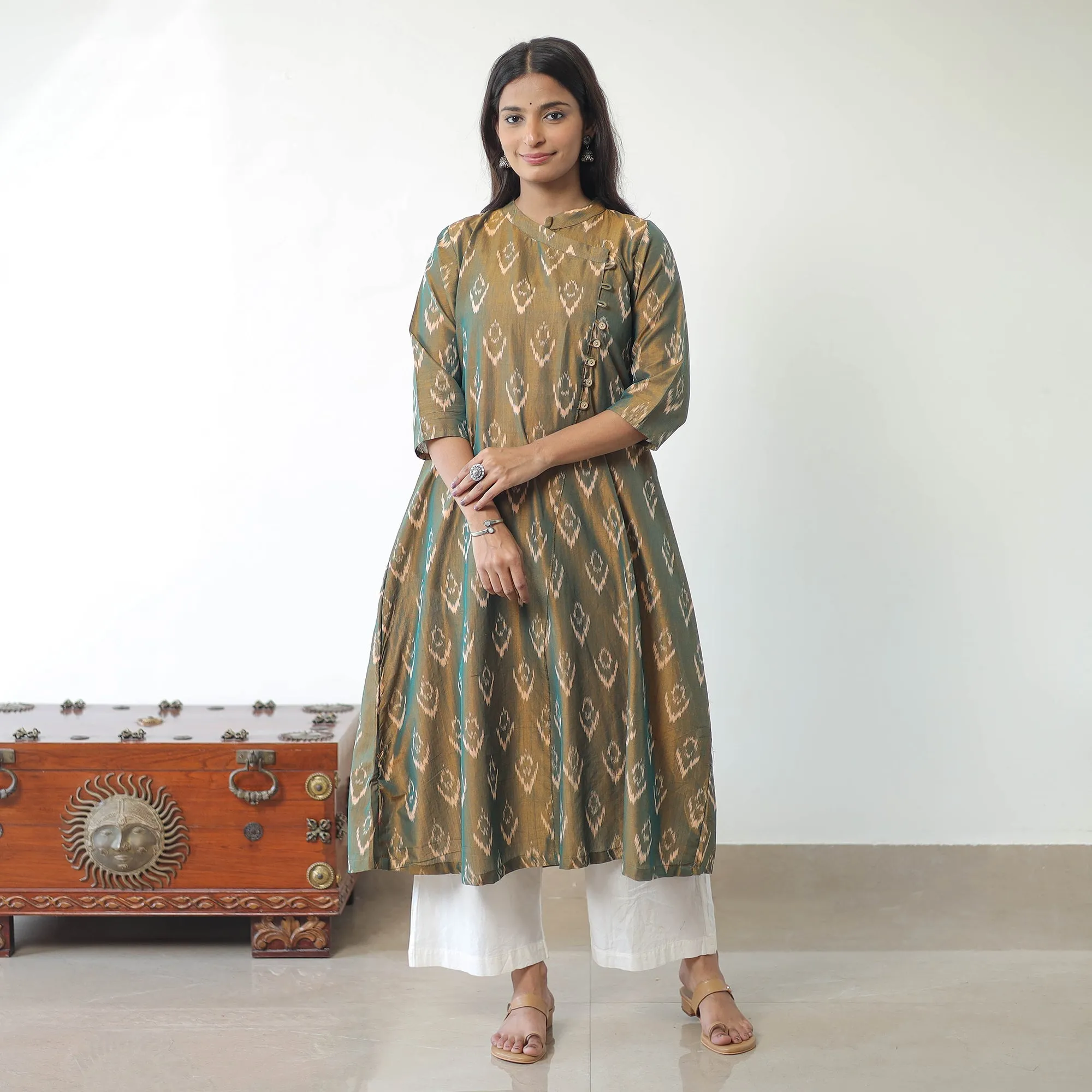 Green - Mercerised Cotton Pochampally Ikat Kurta (A-Line) 04 sold by Itokri product image thumbnail 2