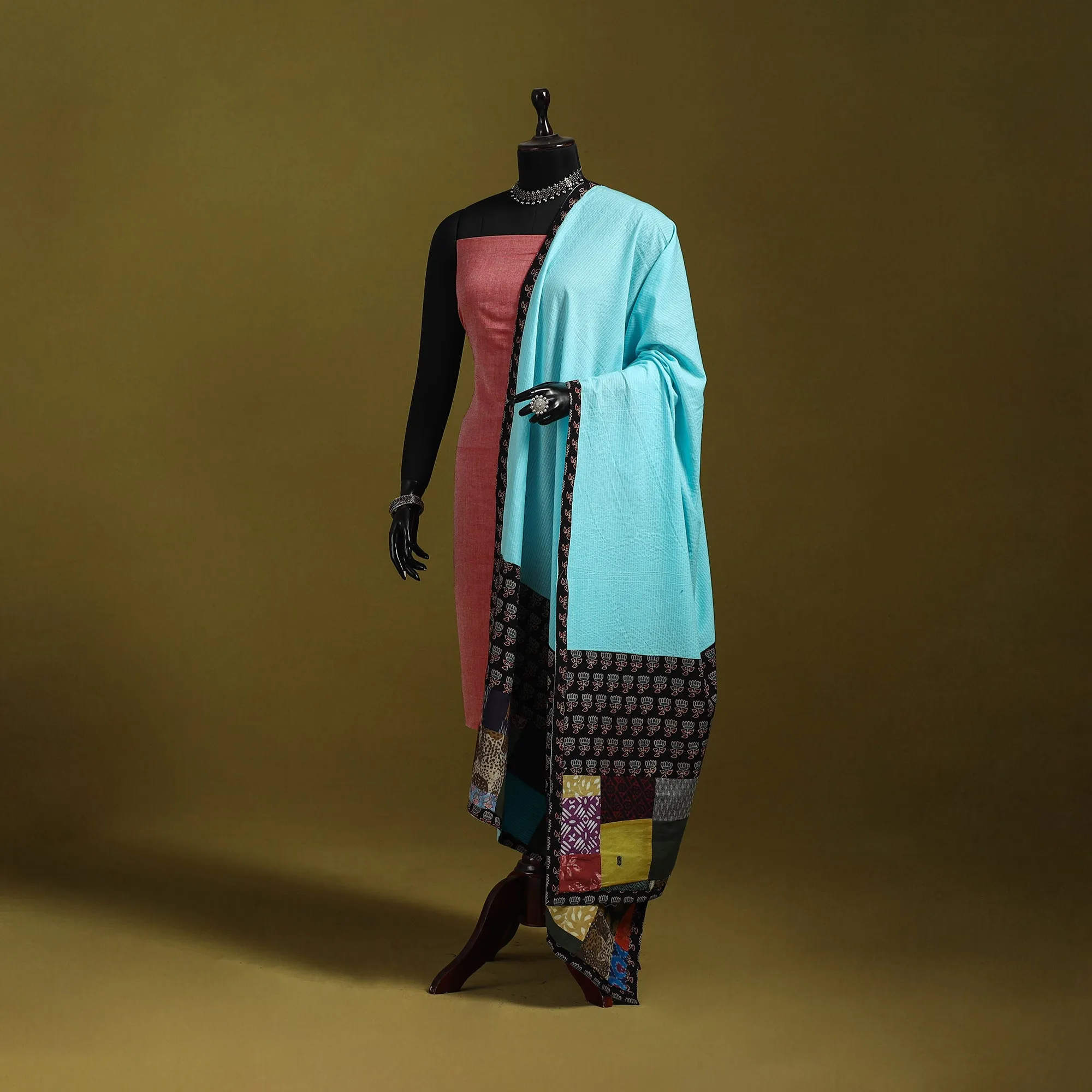 Blue - Running Stitch with Patchwork Cotton Dupatta 20 sold by Itokri