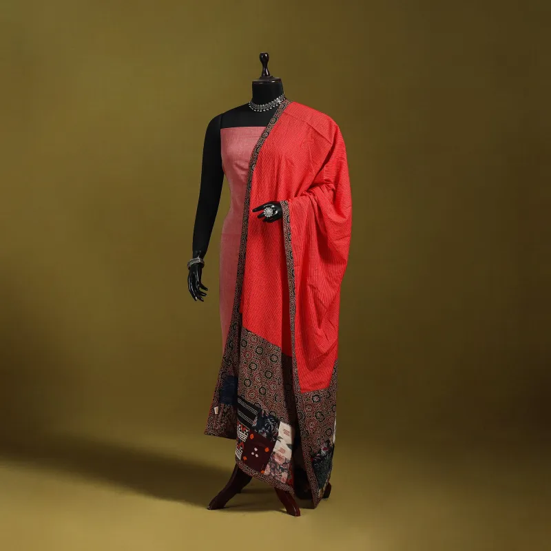 Red - Running Stitch with Patchwork Cotton Dupatta 16 sold by Itokri