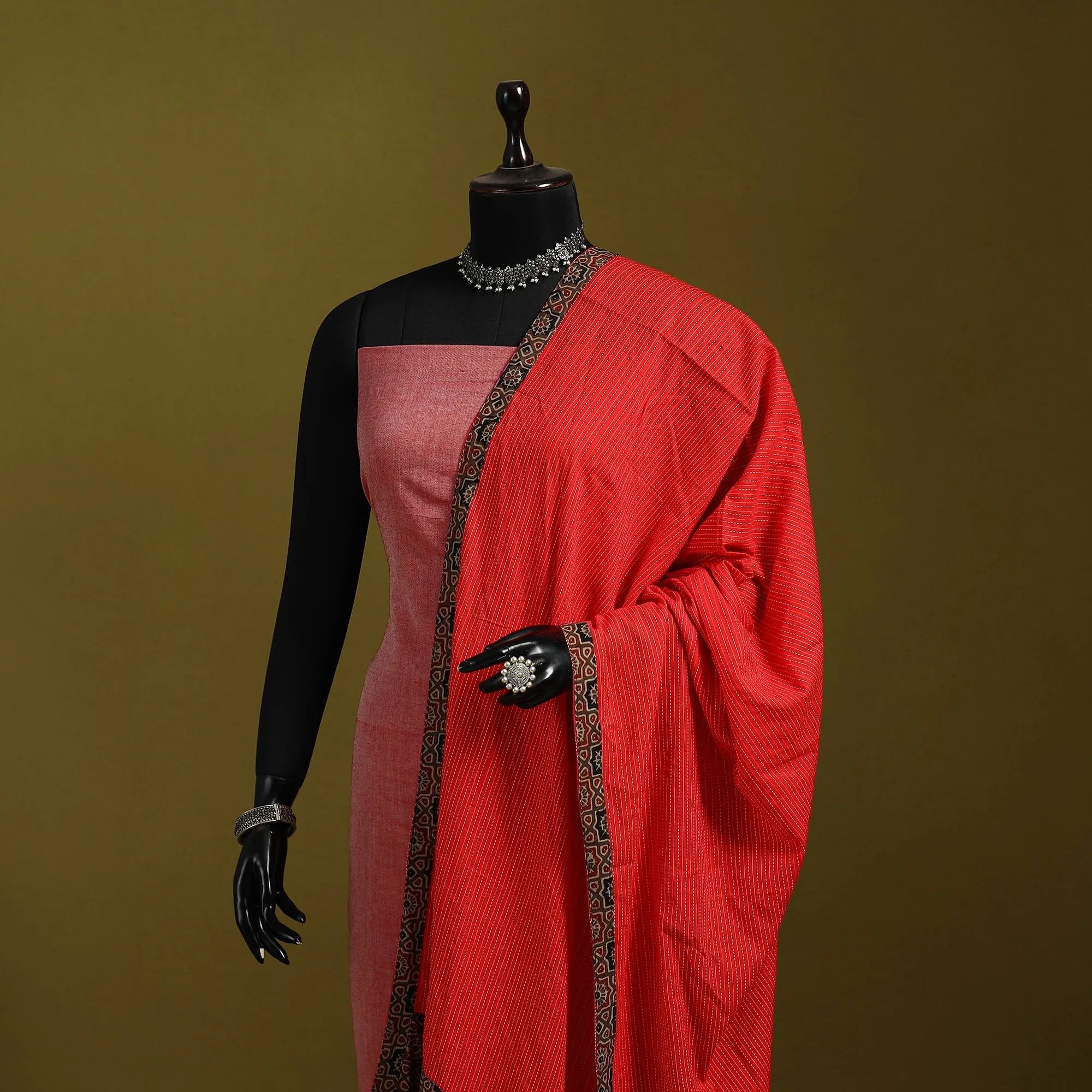 Red - Running Stitch with Patchwork Cotton Dupatta 16 sold by Itokri product image thumbnail 2