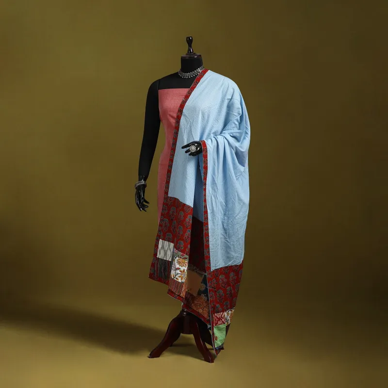 Blue - Running Stitch with Patchwork Cotton Dupatta 15 sold by Itokri