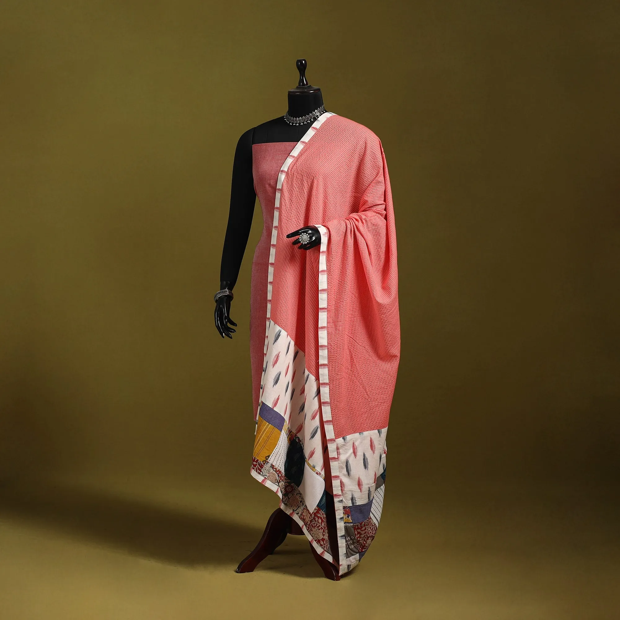 Pink - Running Stitch with Patchwork Cotton Dupatta 09 sold by Itokri