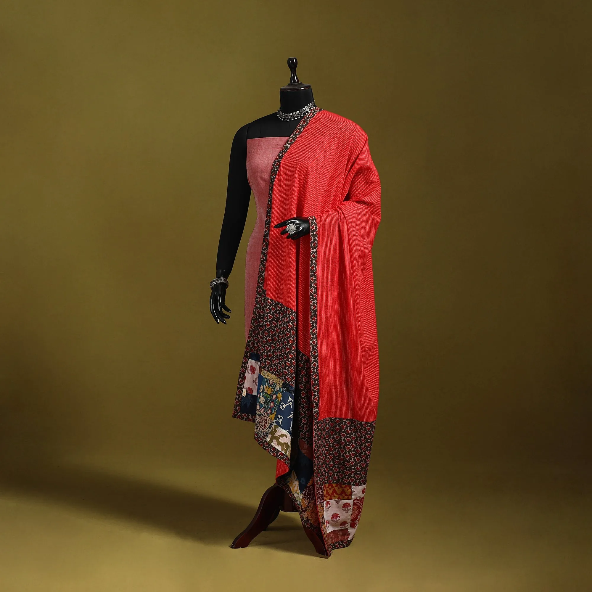 Red - Running Stitch with Patchwork Cotton Dupatta 08 sold by Itokri