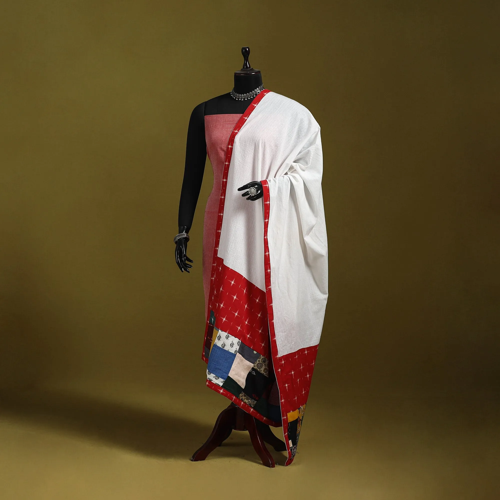 White - Running Stitch with Patchwork Cotton Dupatta 07 sold by Itokri