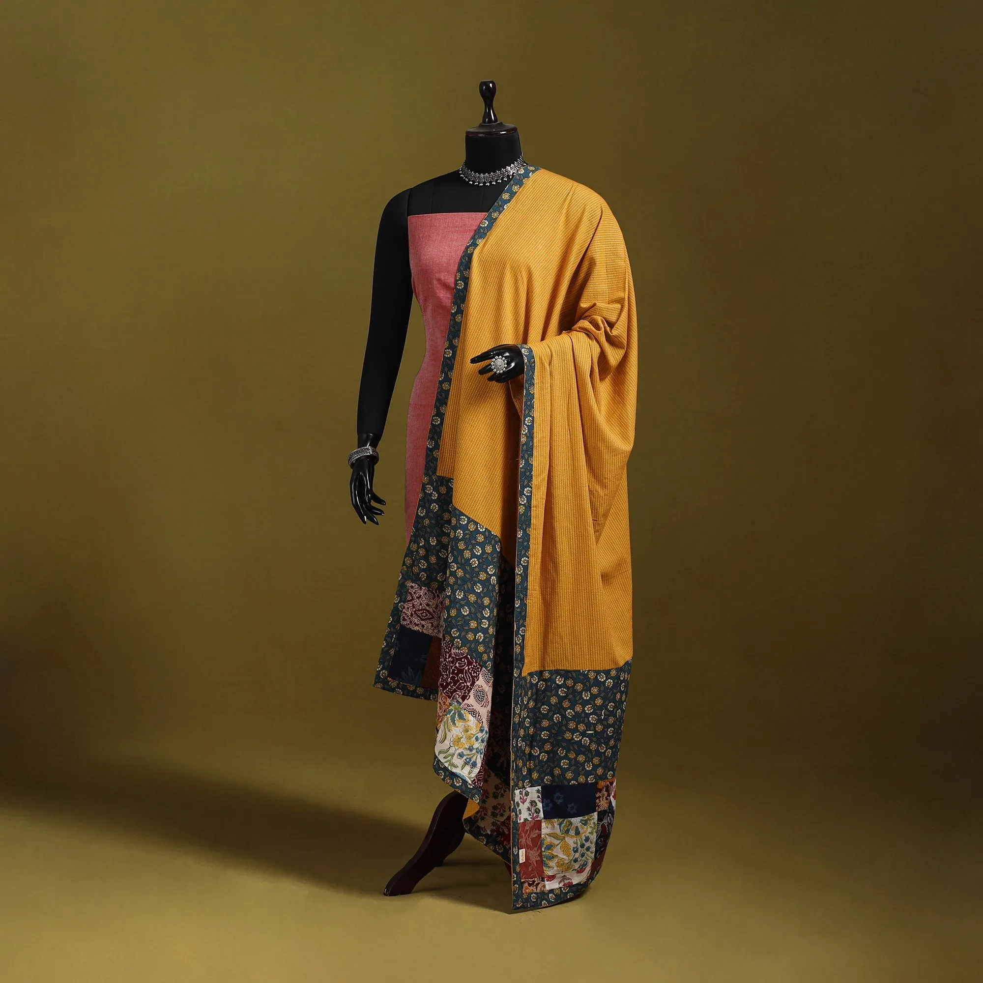 Yellow - Running Stitch with Patchwork Cotton Dupatta 06 sold by Itokri