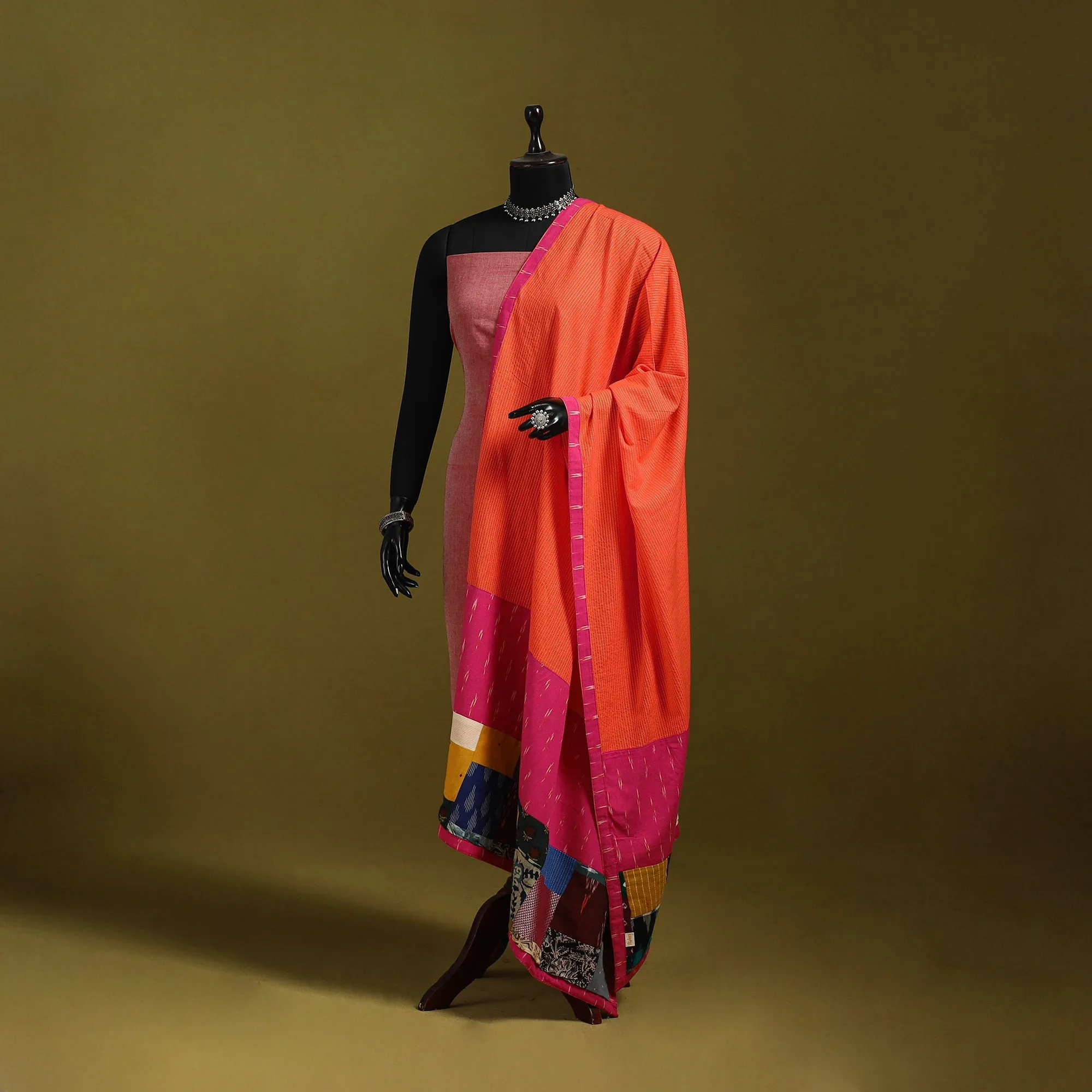 Orange - Running Stitch with Patchwork Cotton Dupatta 05 sold by Itokri