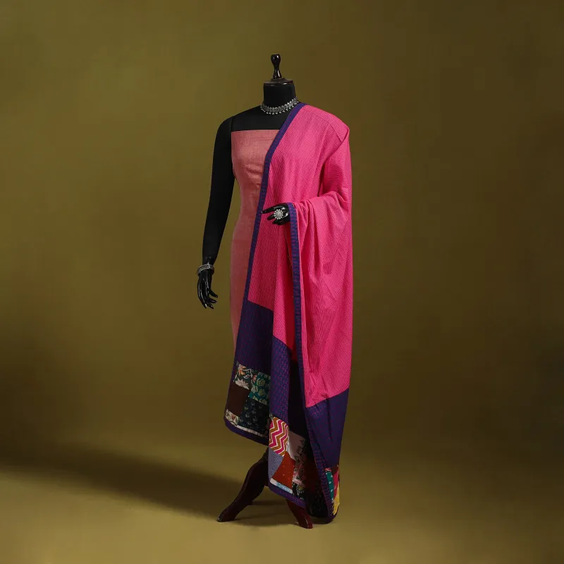 Pink - Running Stitch with Patchwork Cotton Dupatta 02 made by Itokri