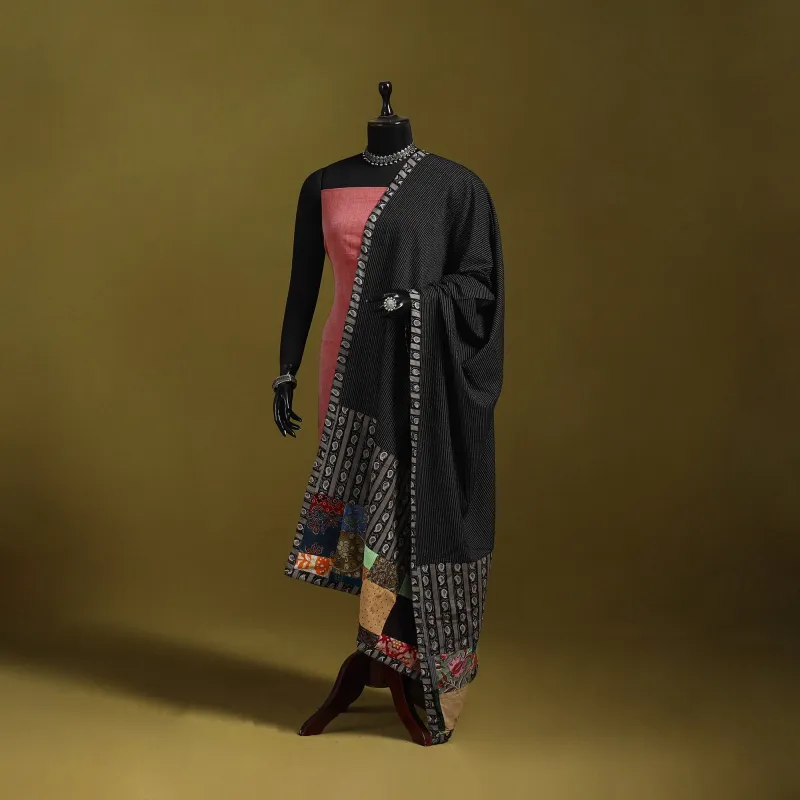 Black - Running Stitch with Patchwork Cotton Dupatta 01 made by Itokri