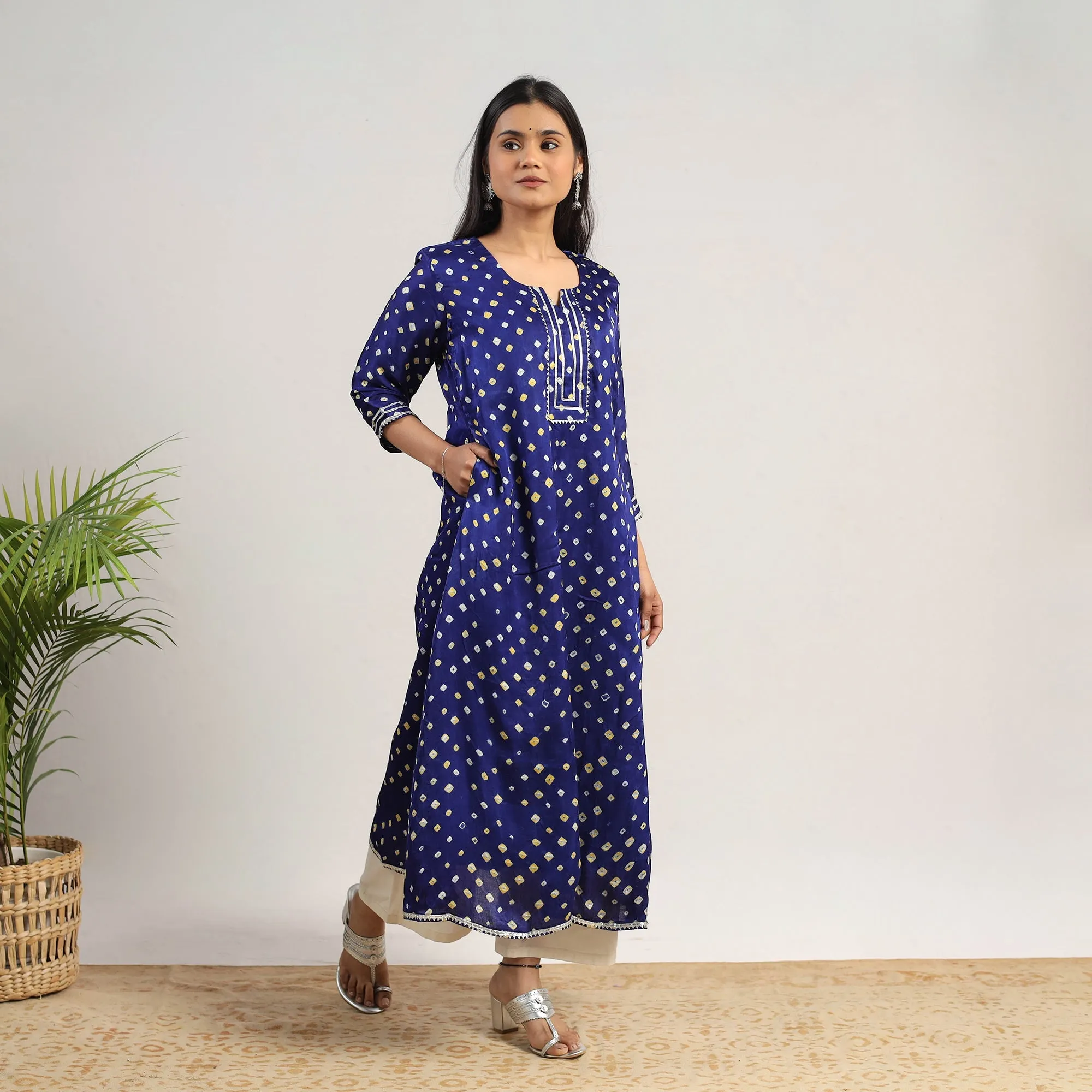 Blue - Tie & dye Modal Silk A-Line Bandhani Kurta 17 sold by Itokri product image thumbnail 3
