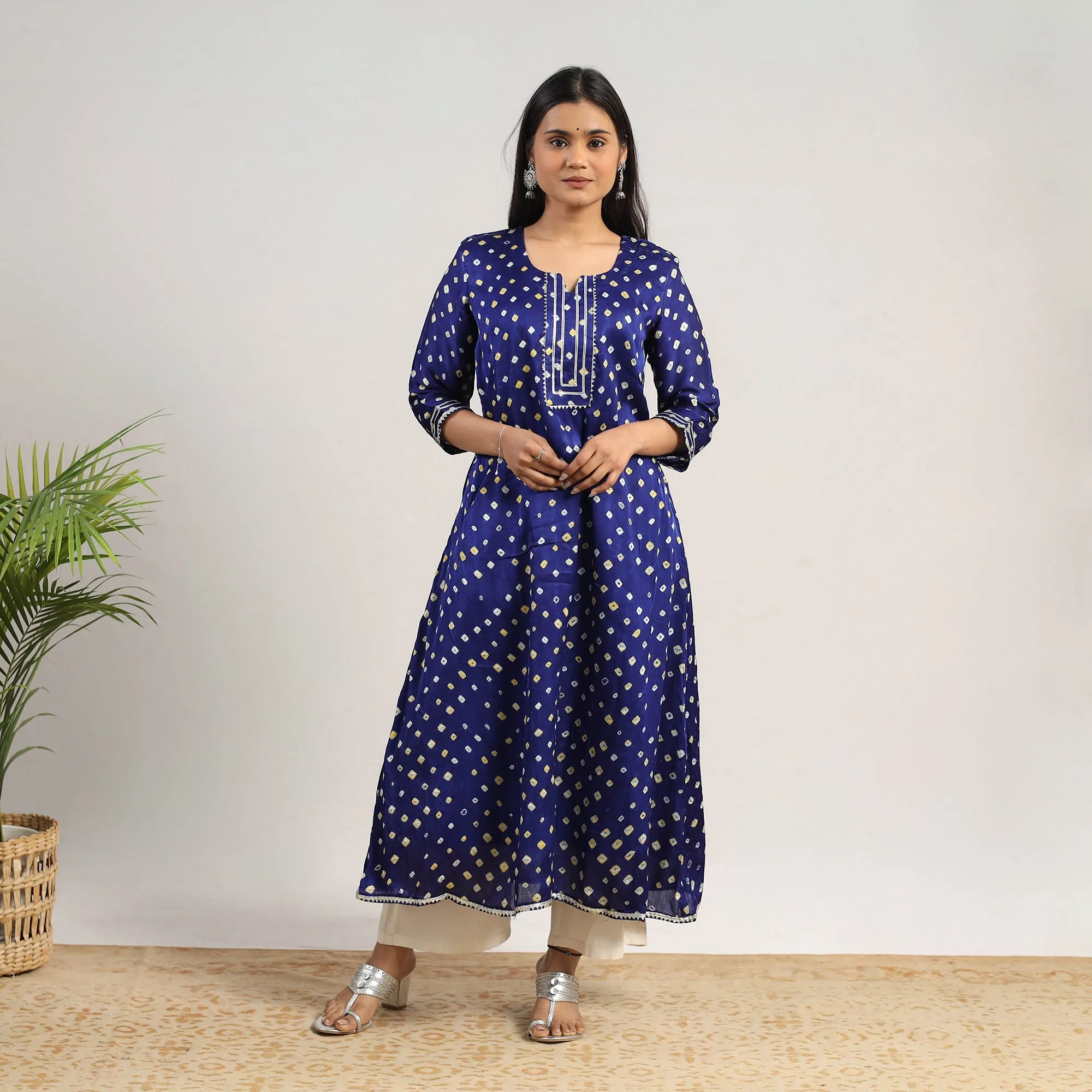 Blue - Tie & dye Modal Silk A-Line Bandhani Kurta 17 sold by Itokri product image thumbnail 2