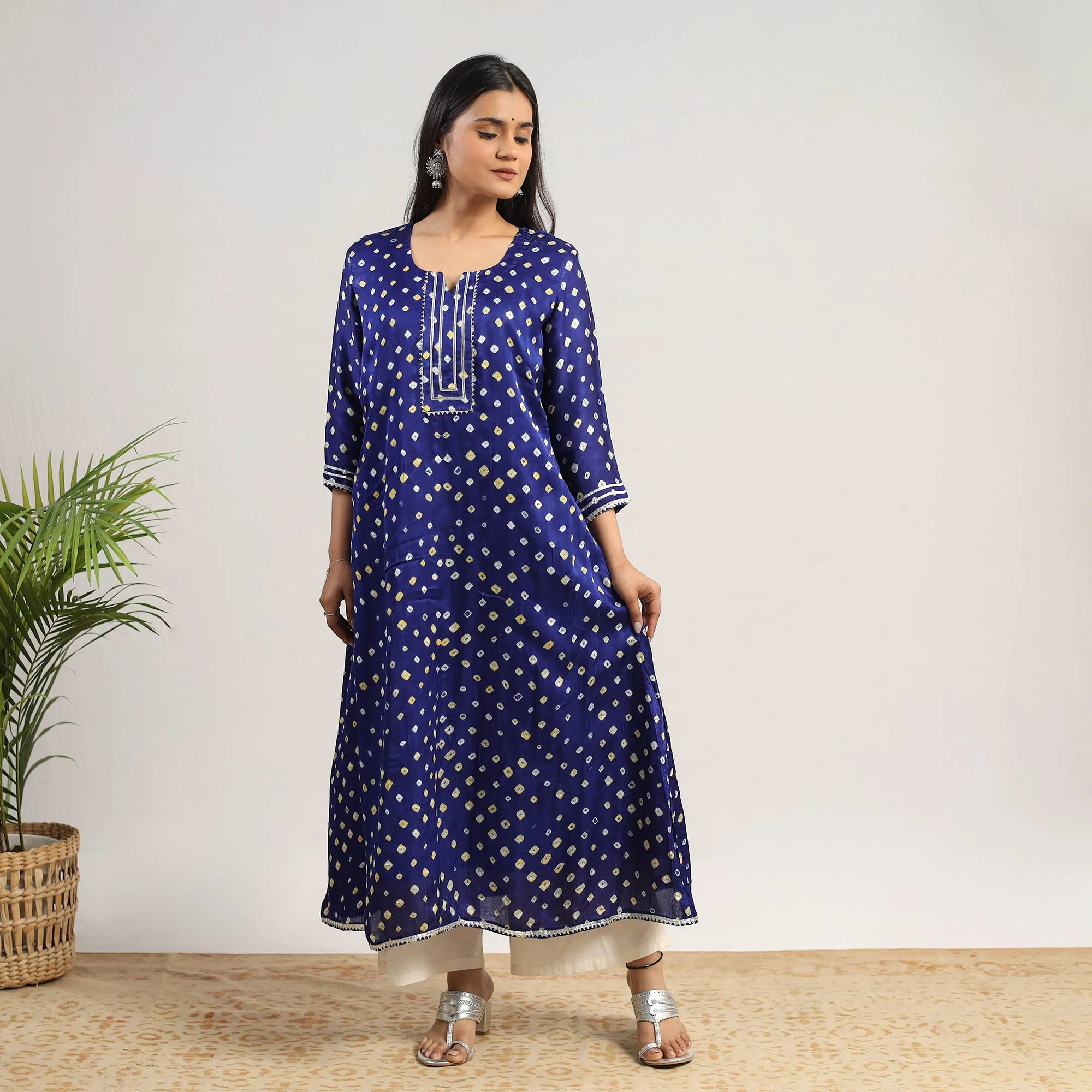 Blue - Tie & dye Modal Silk A-Line Bandhani Kurta 17 sold by Itokri product image thumbnail 4