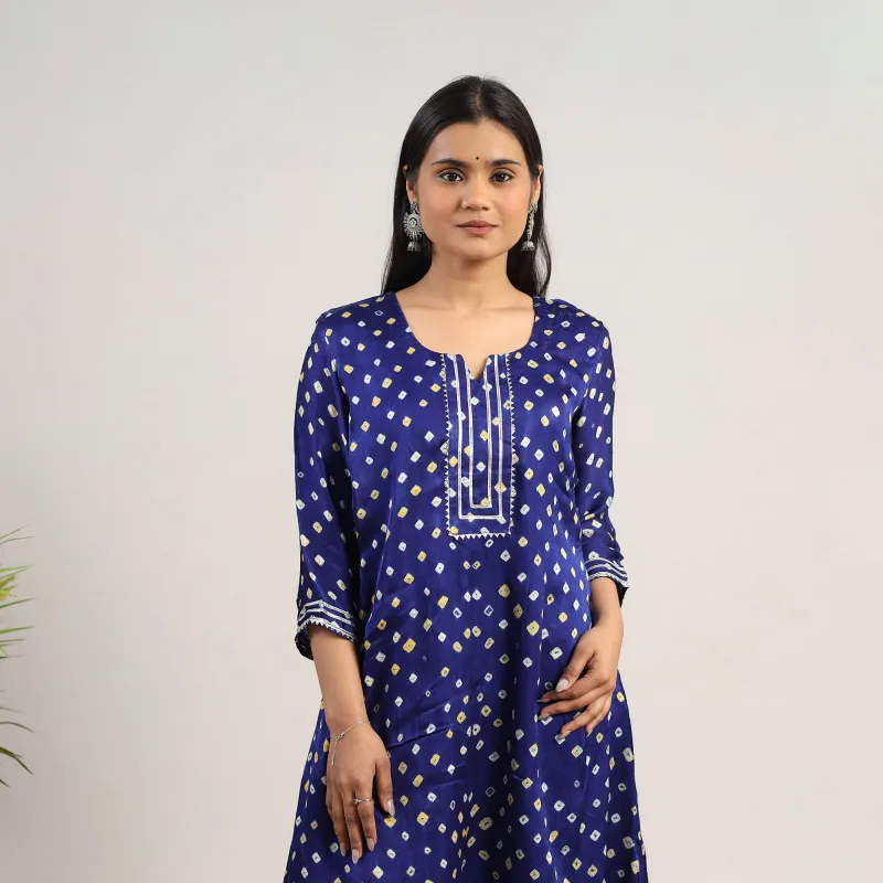 Blue - Tie & dye Modal Silk A-Line Bandhani Kurta 17 sold by Itokri