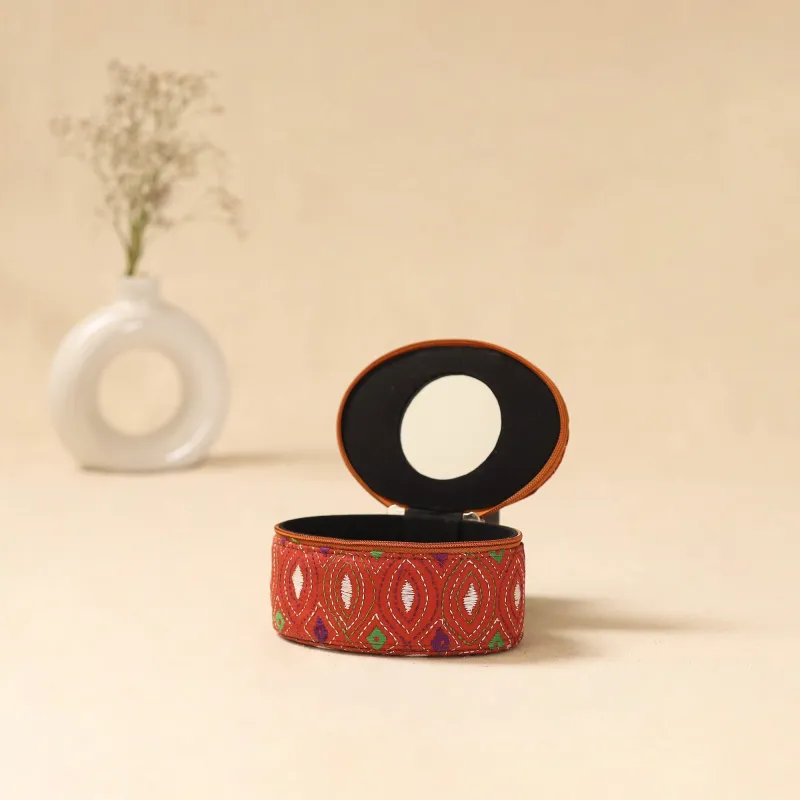 Bengal Kantha Work Handcrafted Oval Jewellery Box with Mirror 32 sold by Itokri