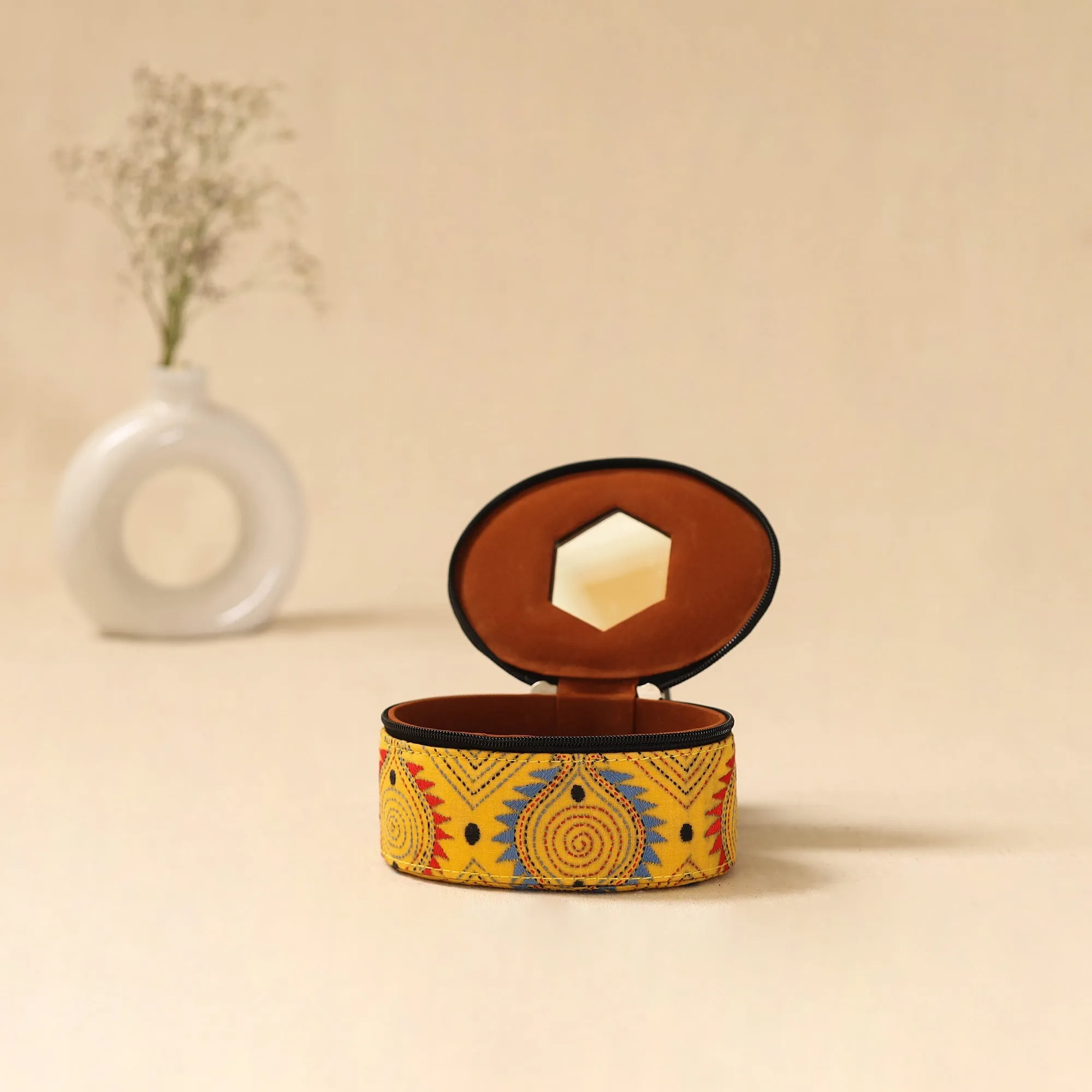 Yellow - Bengal Kantha Work Handcrafted Oval Jewellery Box with Mirror 30 sold by Itokri