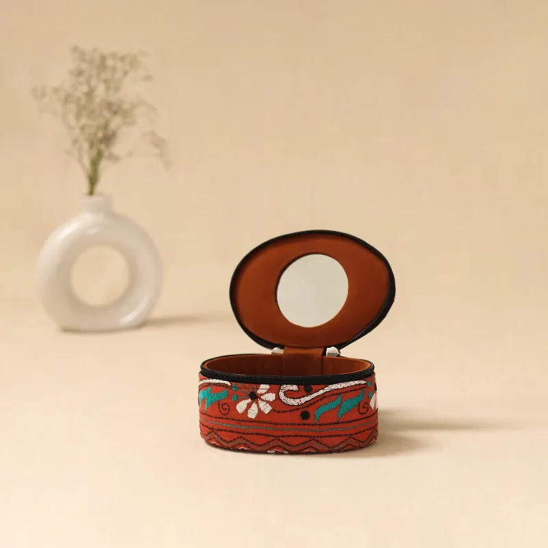 Orange - Bengal Kantha Work Handcrafted Oval Jewellery Box with Mirror 27 made by Itokri