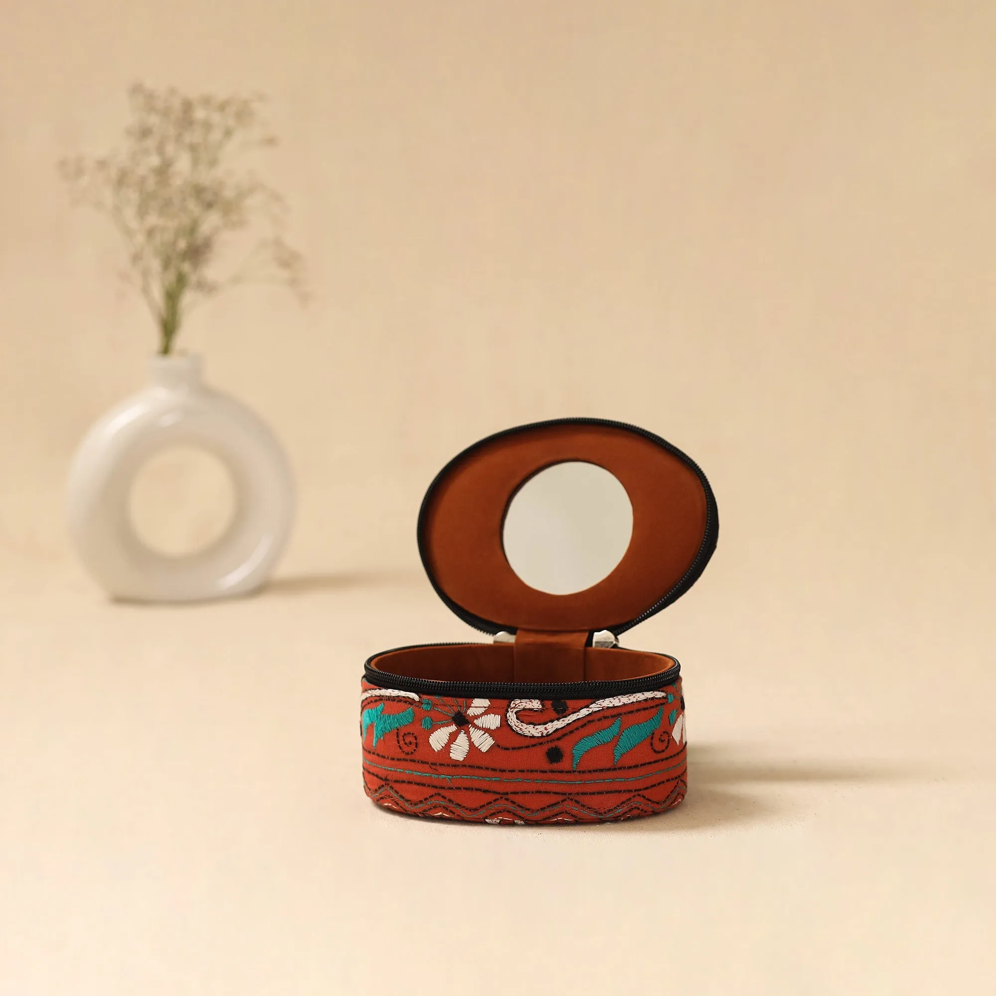 Orange - Bengal Kantha Work Handcrafted Oval Jewellery Box with Mirror 27 sold by Itokri