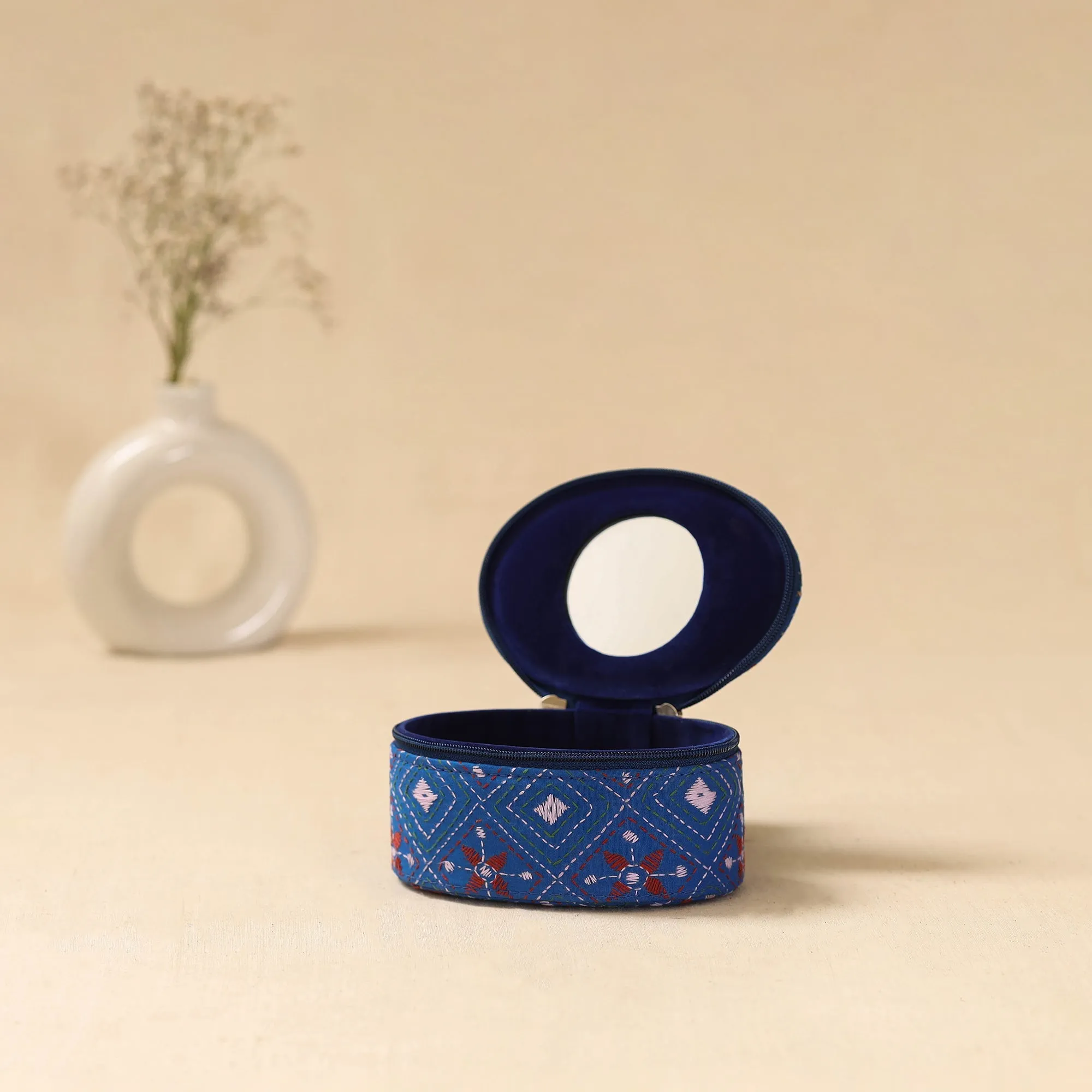 Bengal Kantha Work Handcrafted Oval Jewellery Box with Mirror 23 sold by Itokri
