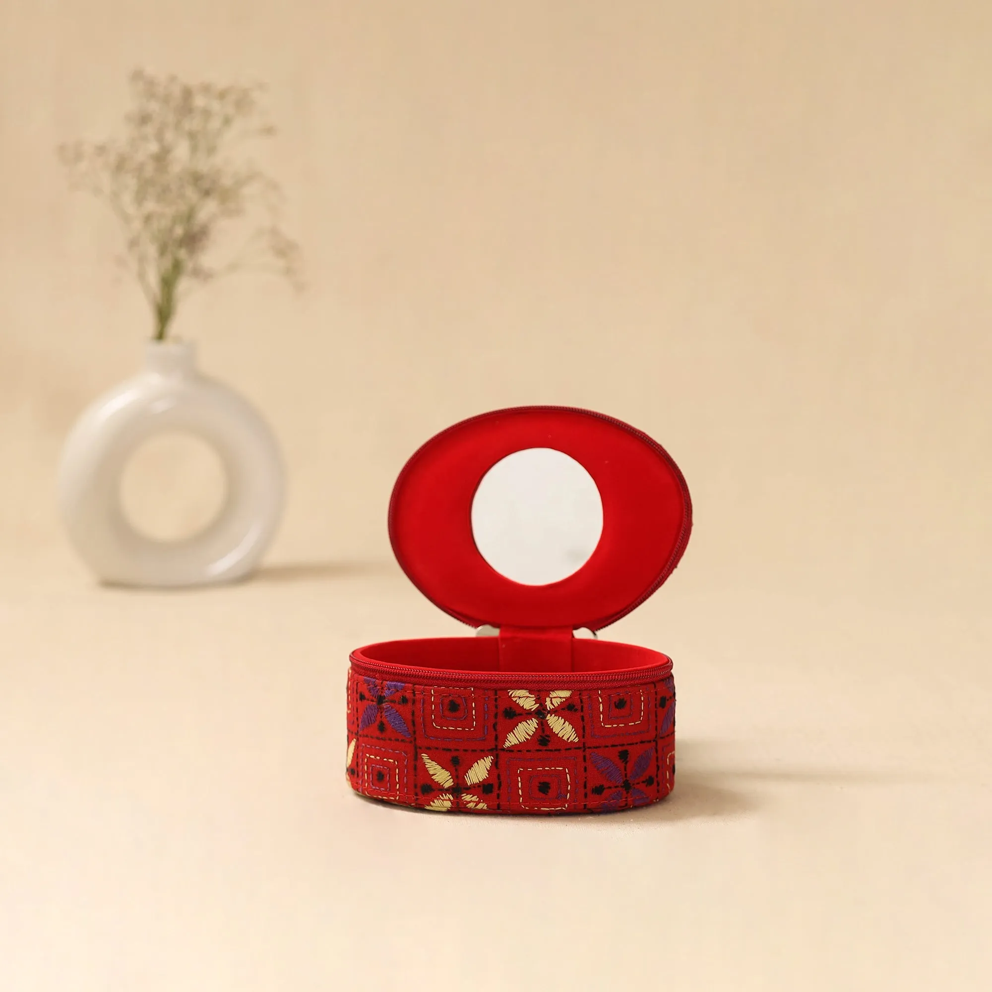 Red - Bengal Kantha Work Handcrafted Oval Jewellery Box with Mirror 26 sold by Itokri