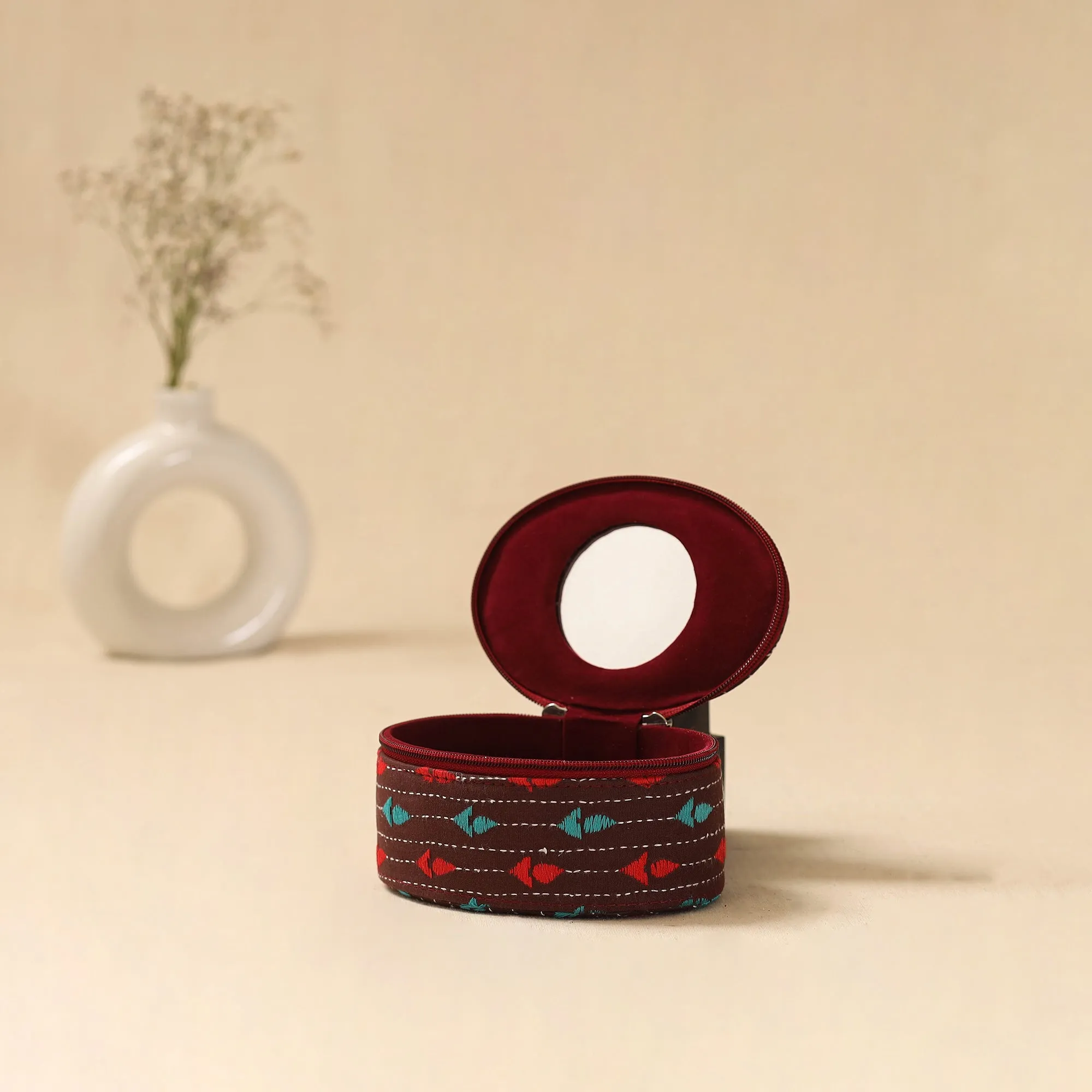 Bengal Kantha Work Handcrafted Oval Jewellery Box with Mirror 24 sold by Itokri