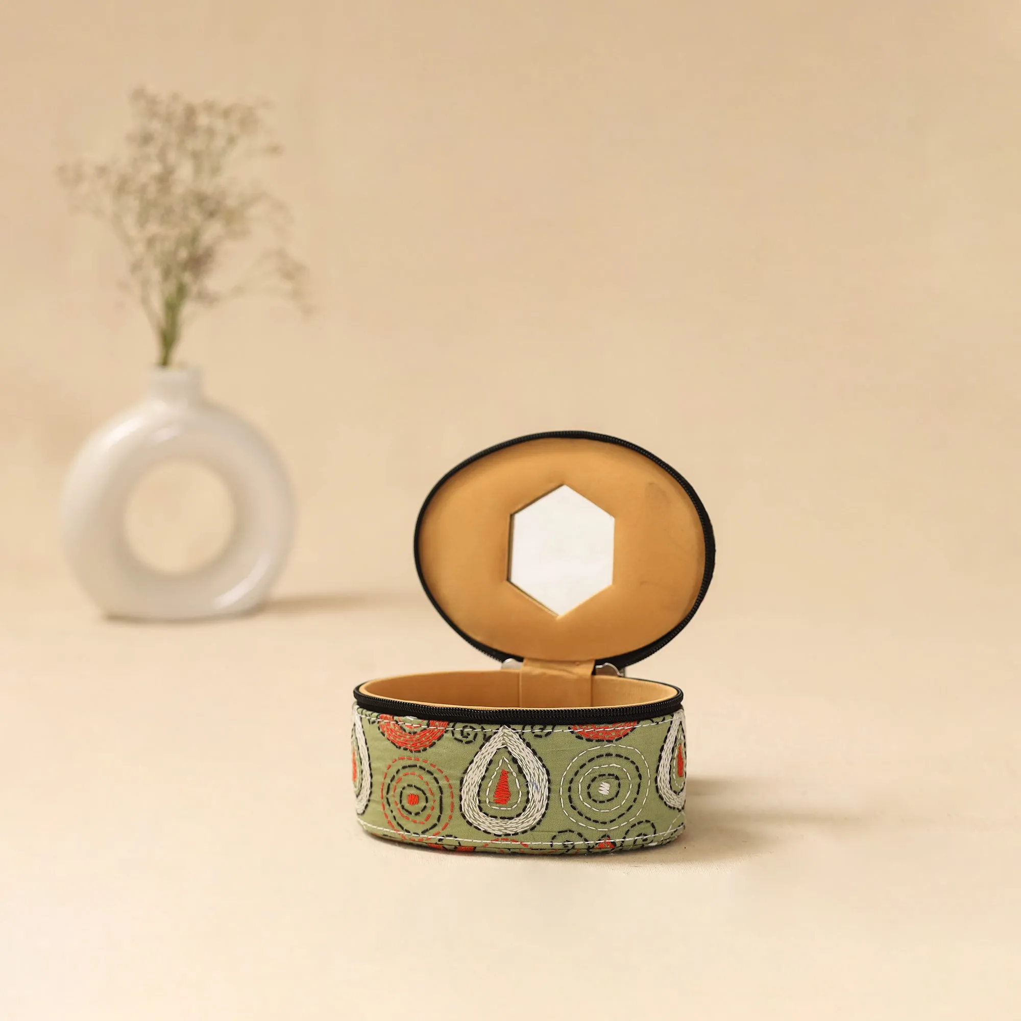 Green - Bengal Kantha Work Handcrafted Oval Jewellery Box with Mirror 22 sold by Itokri