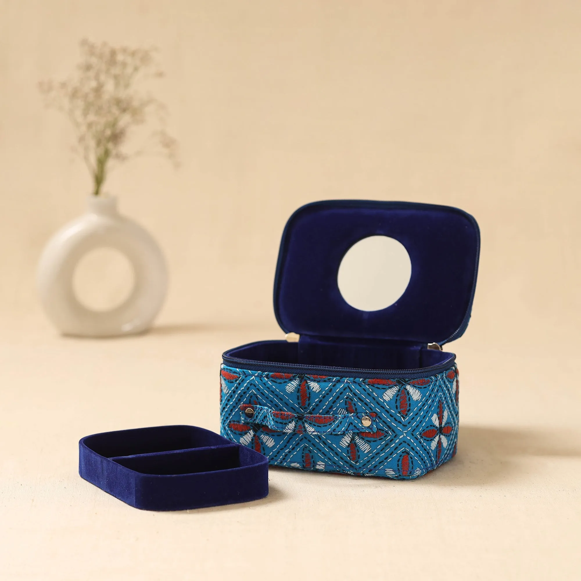 Black - Bengal Kantha Work Handcrafted Jewellery Box with Mirror 15 sold by Itokri