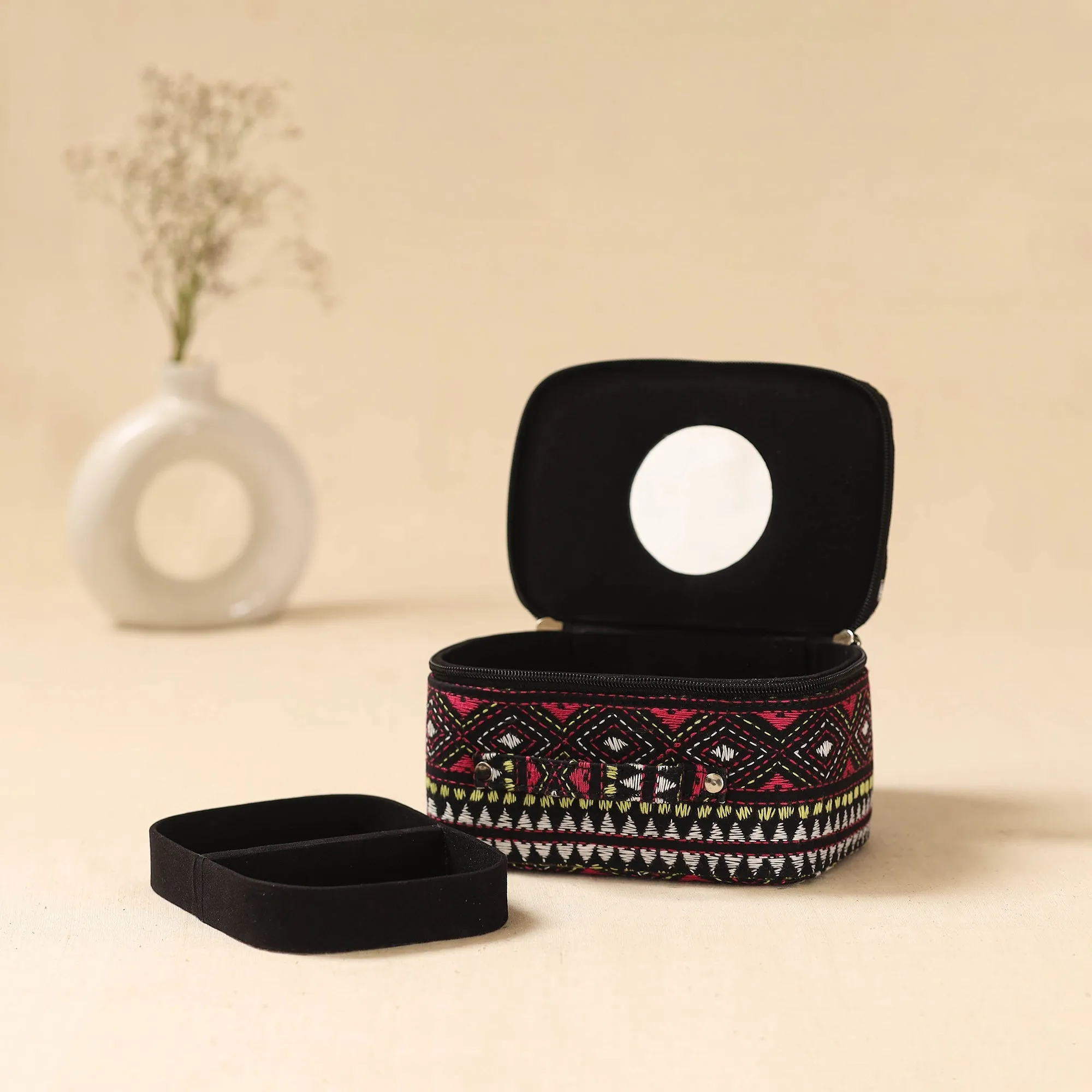 Black - Bengal Kantha Work Handcrafted Jewellery Box with Mirror 13 sold by Itokri