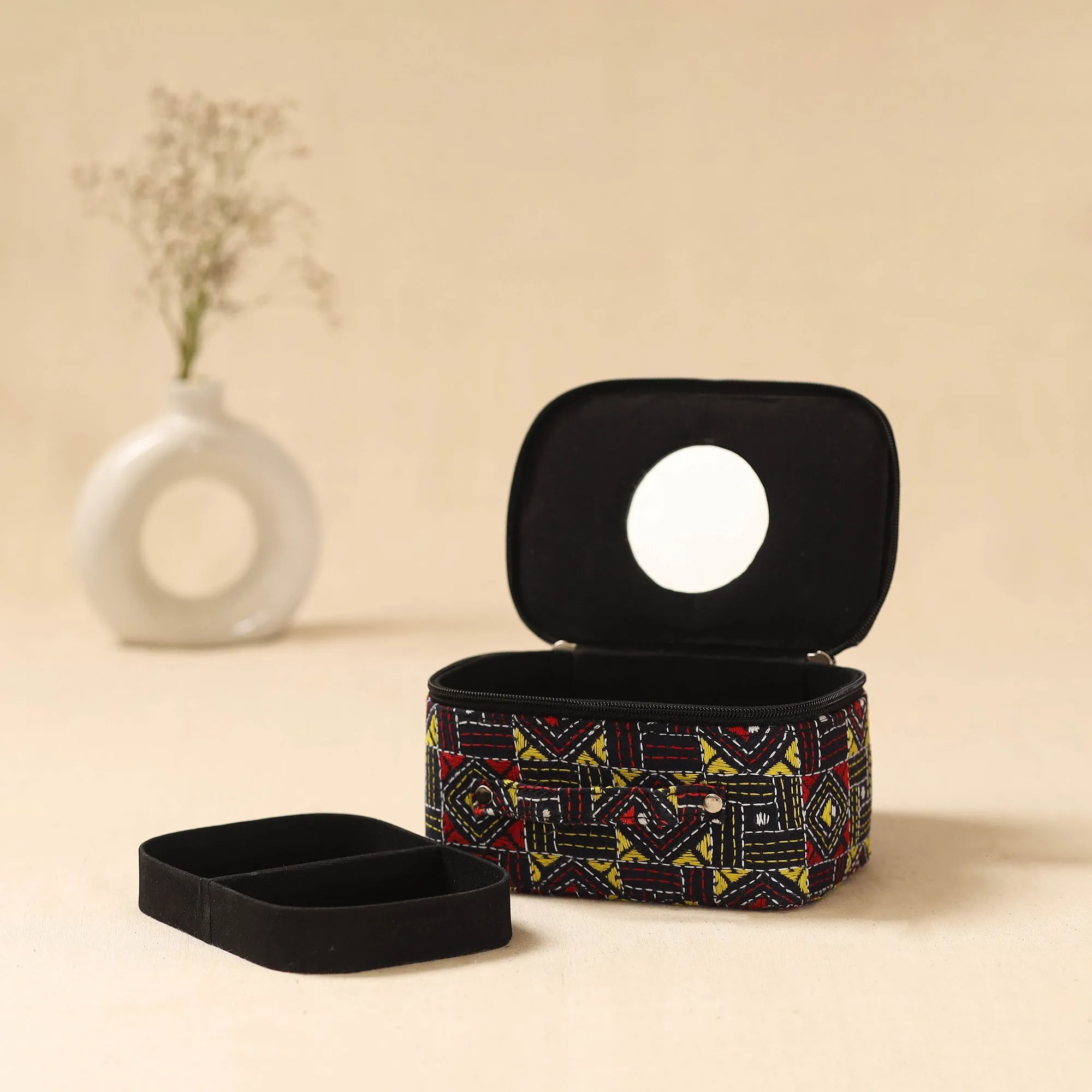 Black - Bengal Kantha Work Handcrafted Jewellery Box with Mirror 12 sold by Itokri