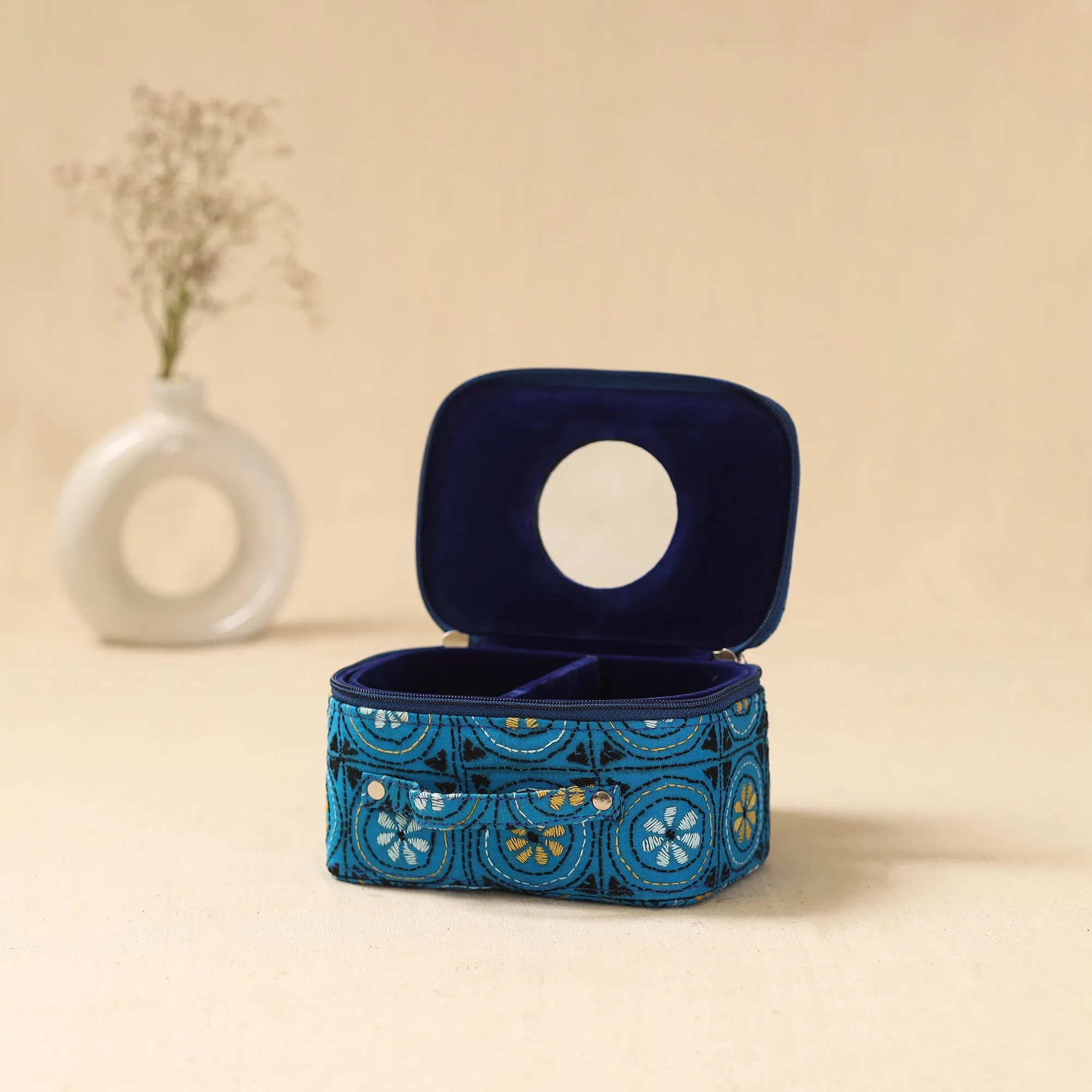 Blue - Bengal Kantha Work Handcrafted Jewellery Box with Mirror 09 sold by Itokri product image thumbnail 3