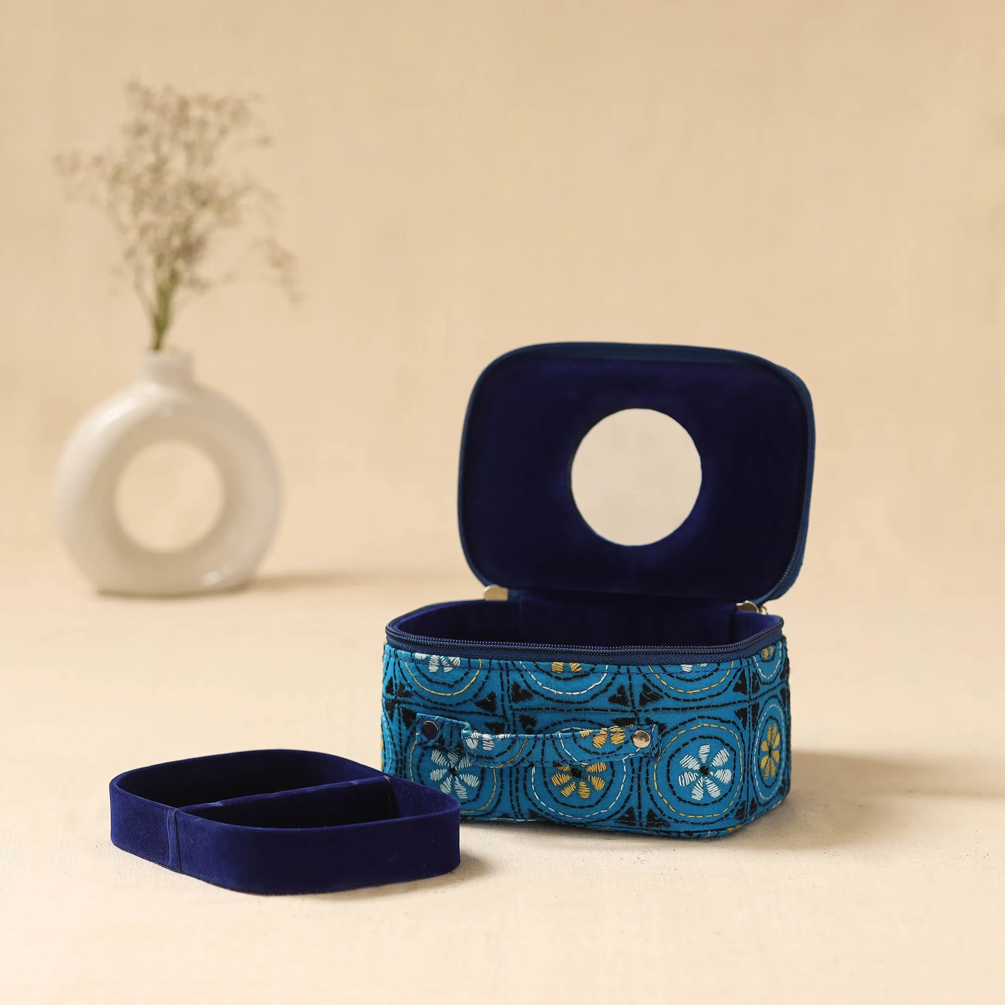 Blue - Bengal Kantha Work Handcrafted Jewellery Box with Mirror 09 sold by Itokri