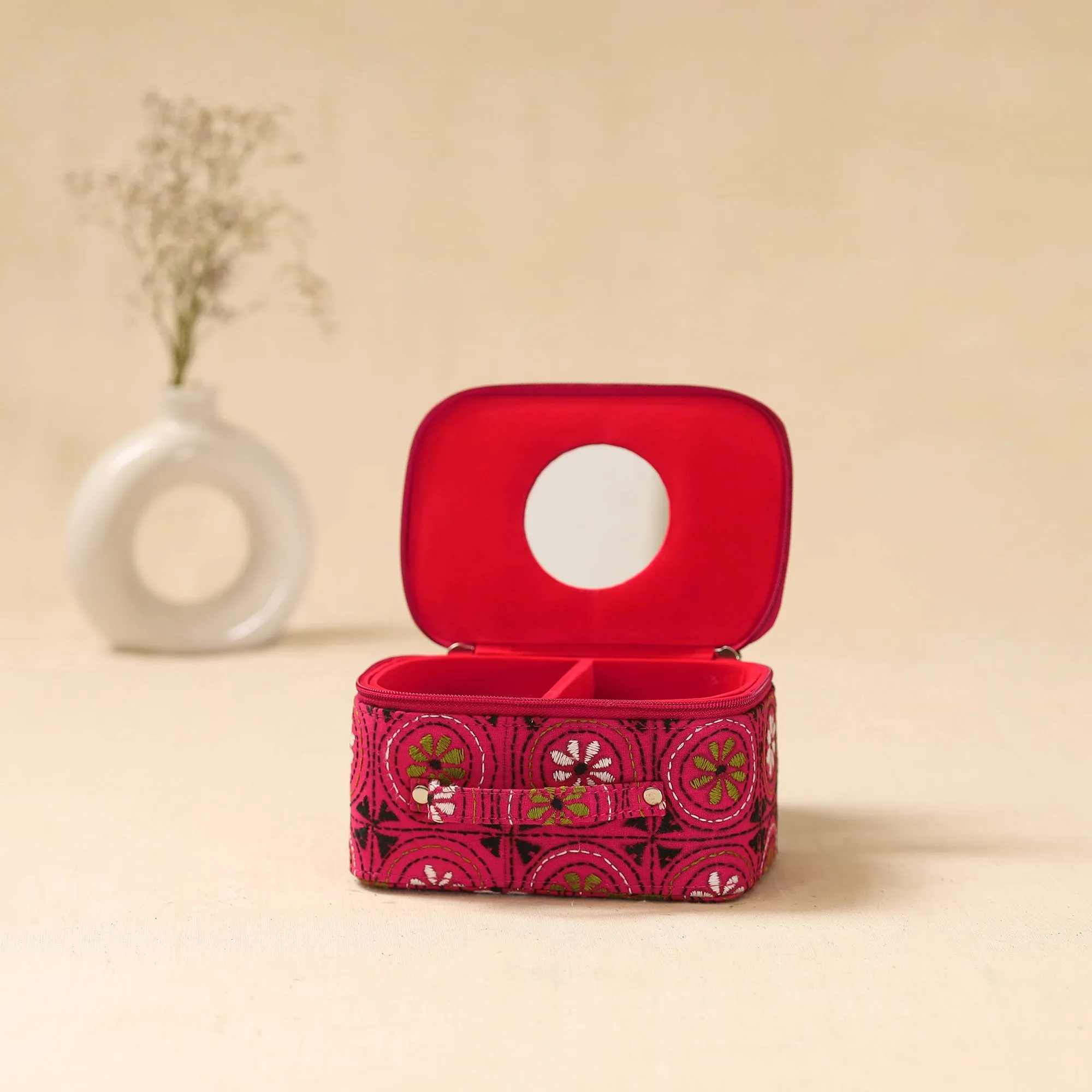 Pink - Bengal Kantha Work Handcrafted Jewellery Box with Mirror 05 sold by Itokri product image thumbnail 3