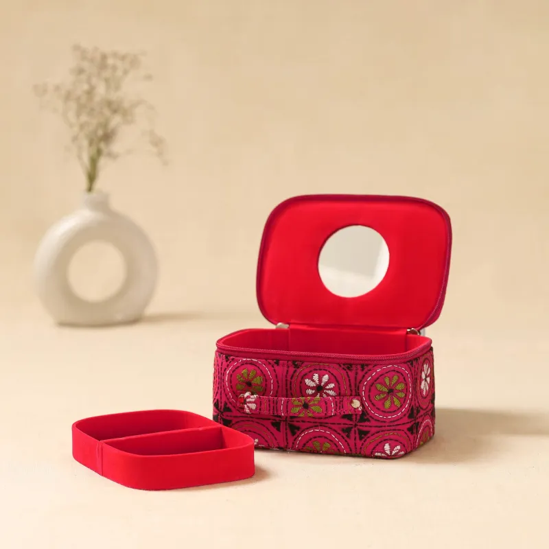 Pink - Bengal Kantha Work Handcrafted Jewellery Box with Mirror 05 sold by Itokri