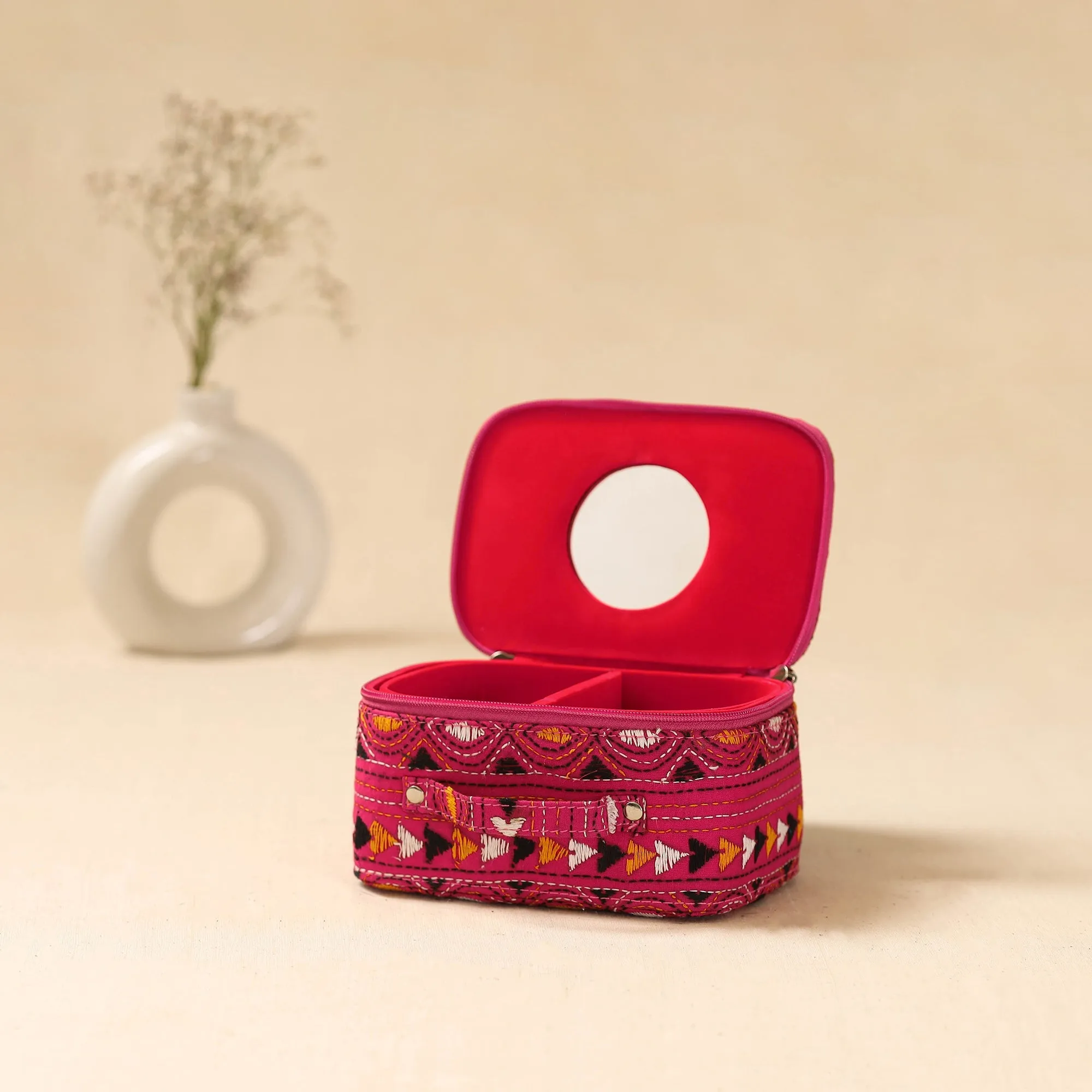 Pink - Bengal Kantha Work Handcrafted Jewellery Box with Mirror 03 sold by Itokri product image thumbnail 3