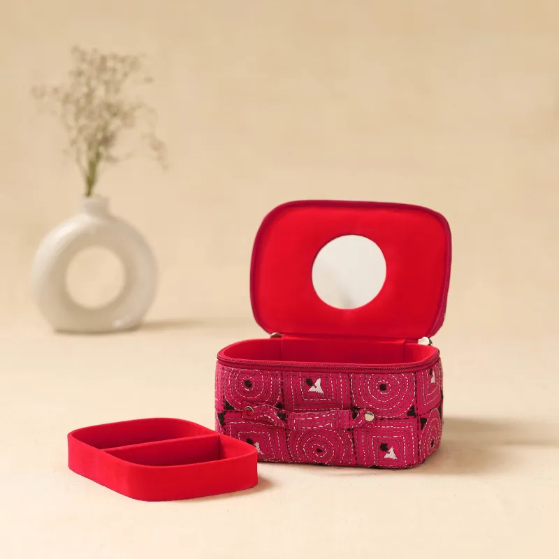 Pink - Bengal Kantha Work Handcrafted Jewellery Box with Mirror 02 sold by Itokri