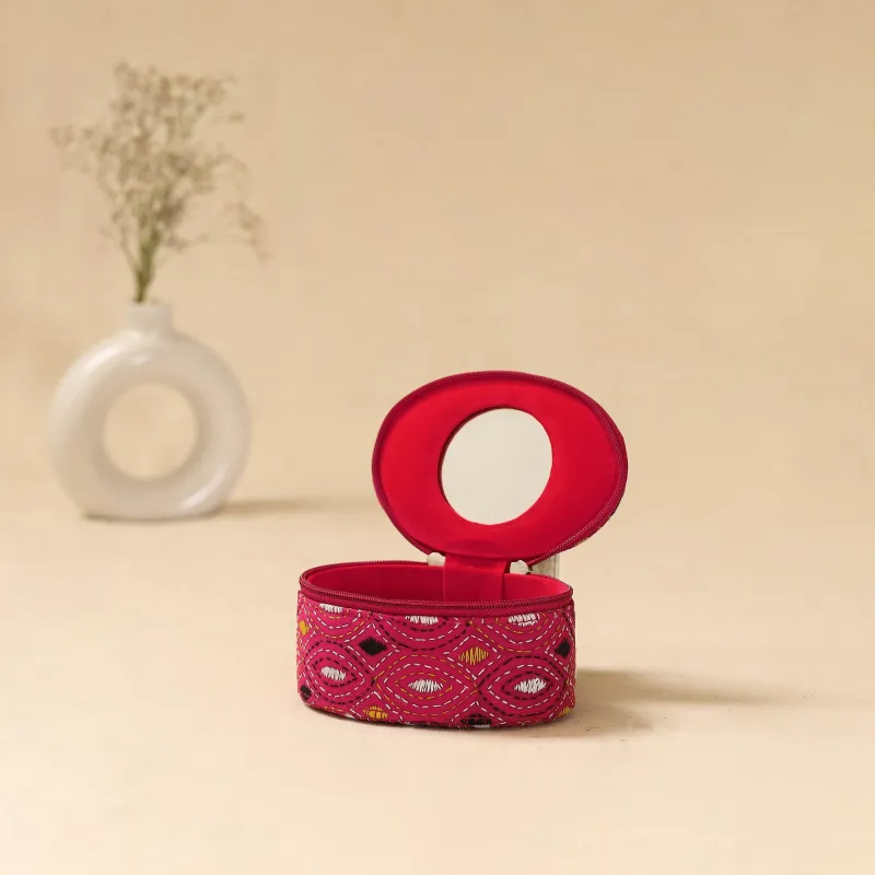 Pink - Bengal Kantha Work Handcrafted Oval Jewellery Box with Mirror 18 sold by Itokri