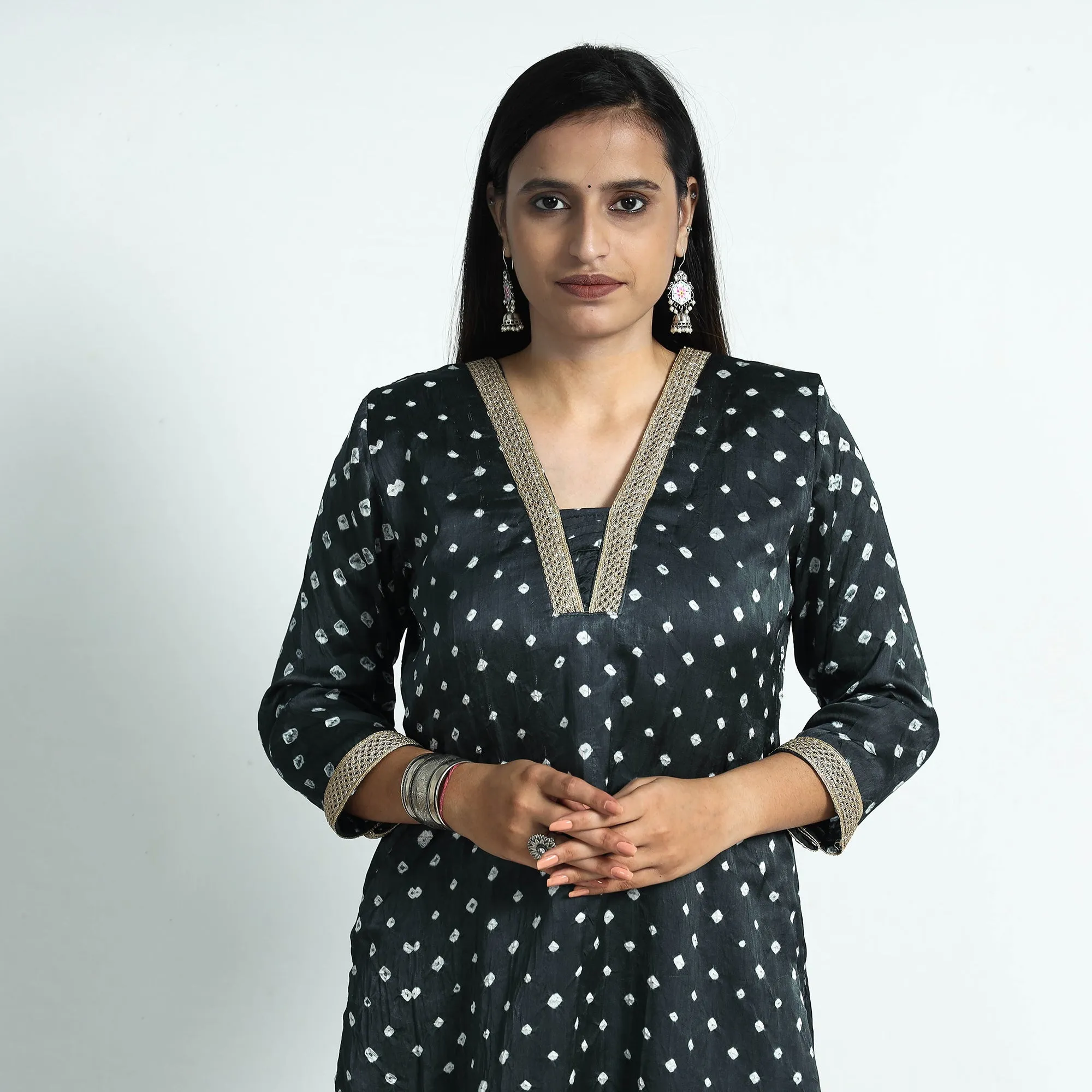 Dark Grey - Bandhani Tie-Dye Modal Silk Straight Kurta sold by Itokri