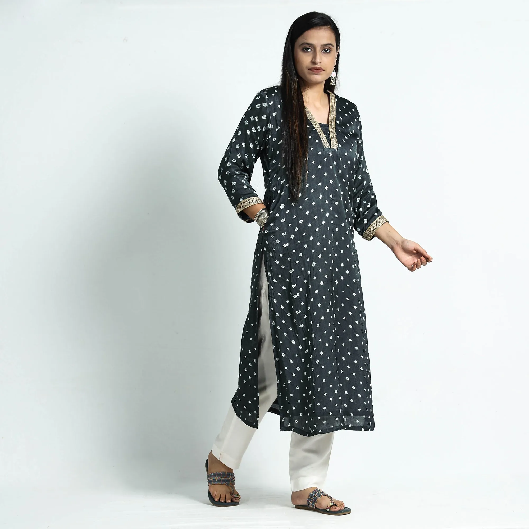 Dark Grey - Bandhani Tie-Dye Modal Silk Straight Kurta sold by Itokri product image thumbnail 3
