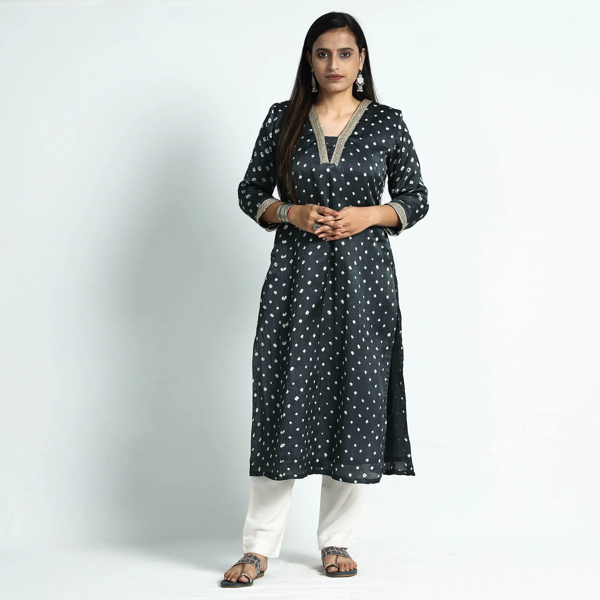 Dark Grey - Bandhani Tie-Dye Modal Silk Straight Kurta sold by Itokri product image thumbnail 2