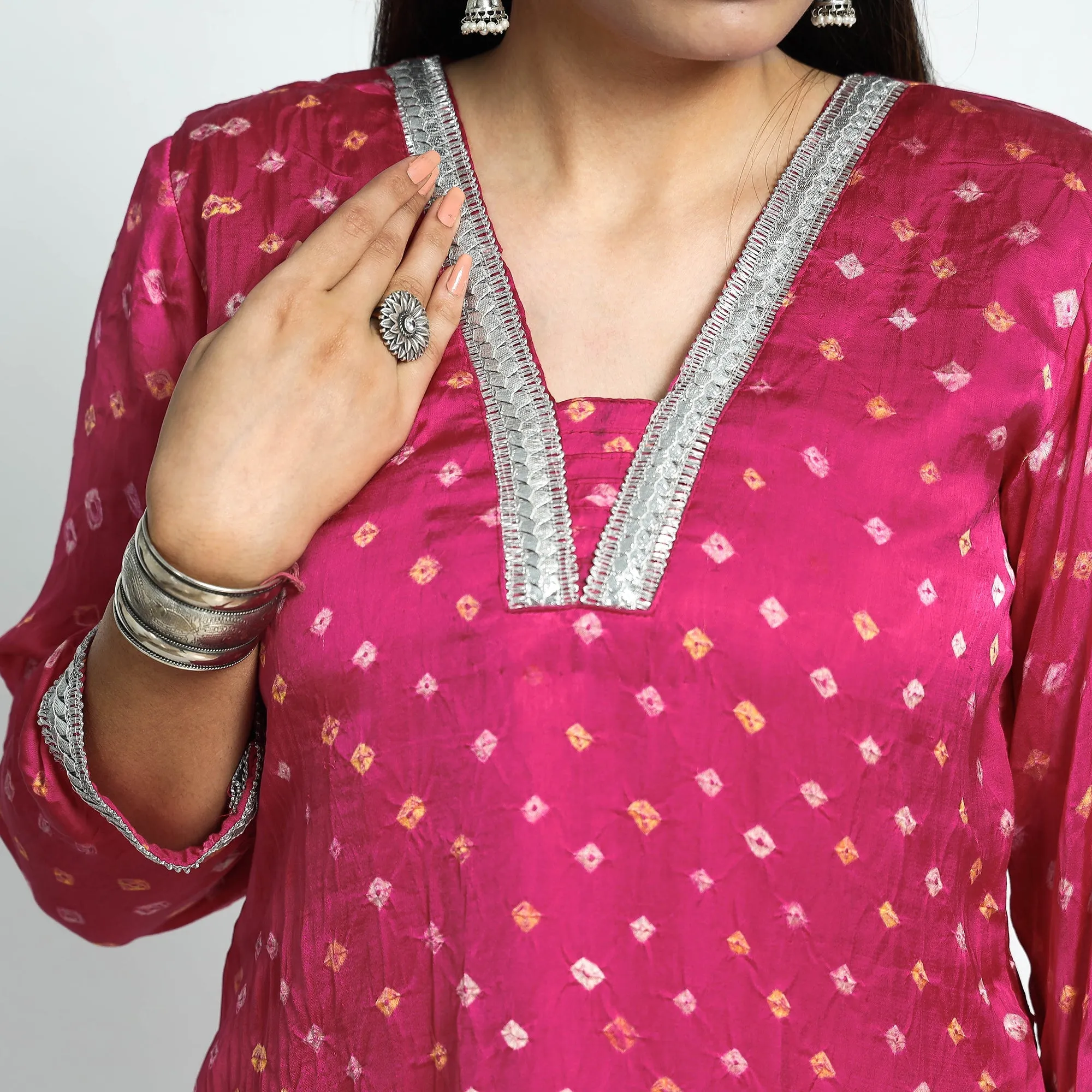 Pink - Bandhani Tie-Dye Modal Silk Straight Kurta sold by Itokri product image thumbnail 4