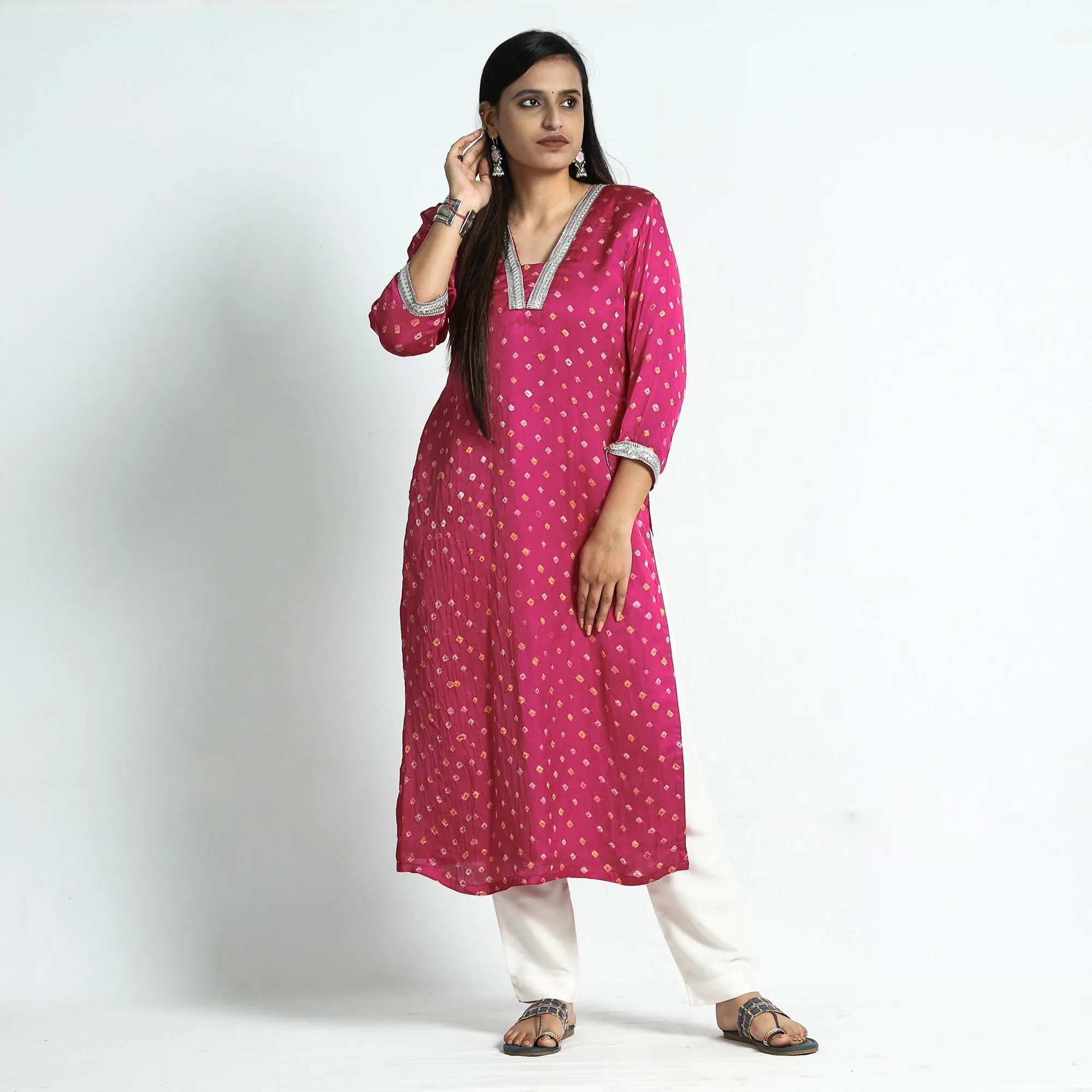 Pink - Bandhani Tie-Dye Modal Silk Straight Kurta sold by Itokri product image thumbnail 3